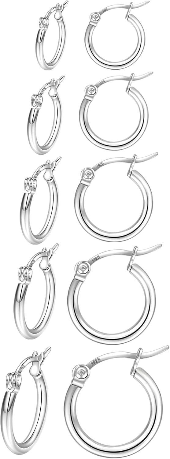 Detalle de PABBEU 5 Pairs Sterling Silver Hoop Earrings – Small Sleeper Hoops (8–16mm)