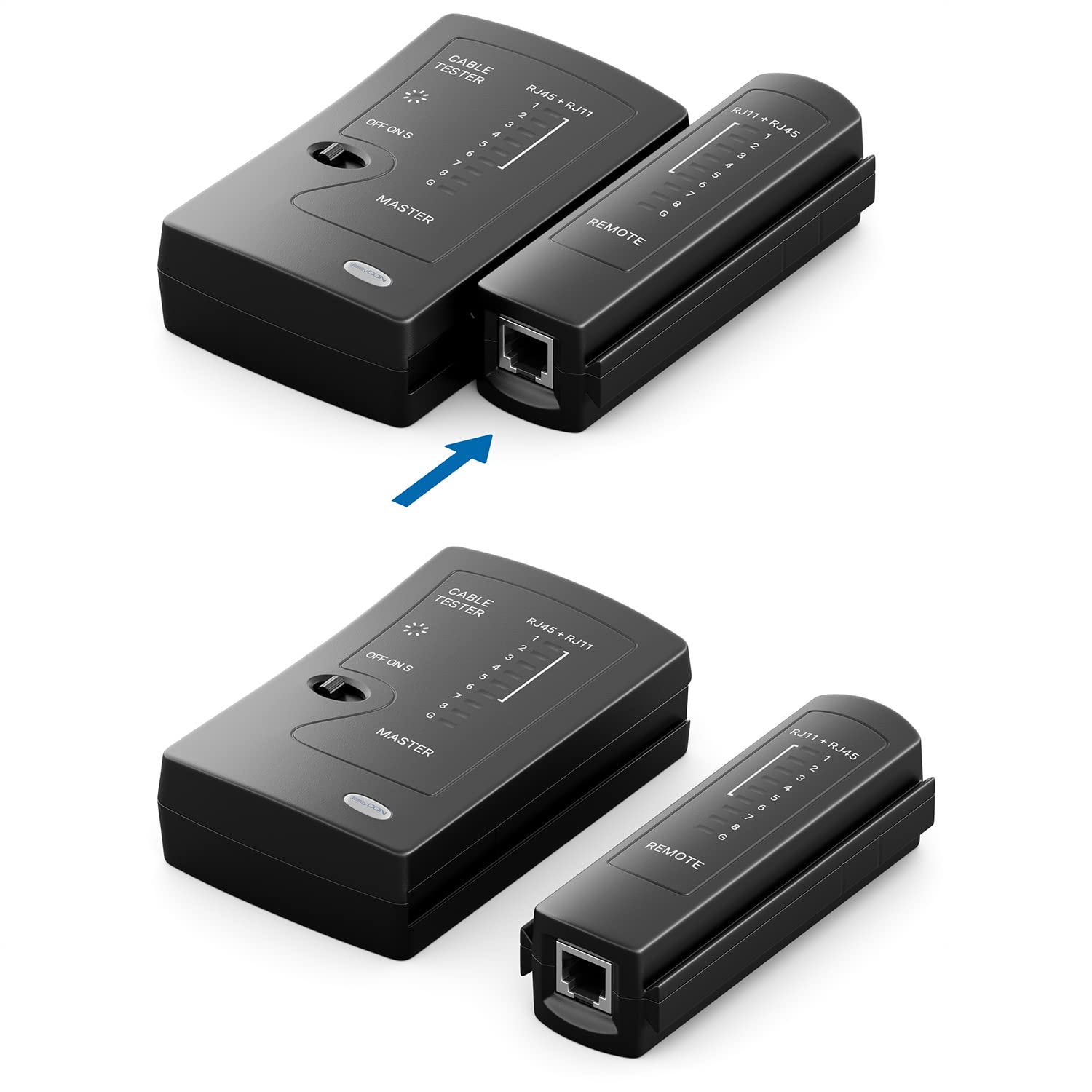 Detalle de deleyCON MK5196 nätverkskabeltestare för RJ11, RJ12 och RJ45 med LED