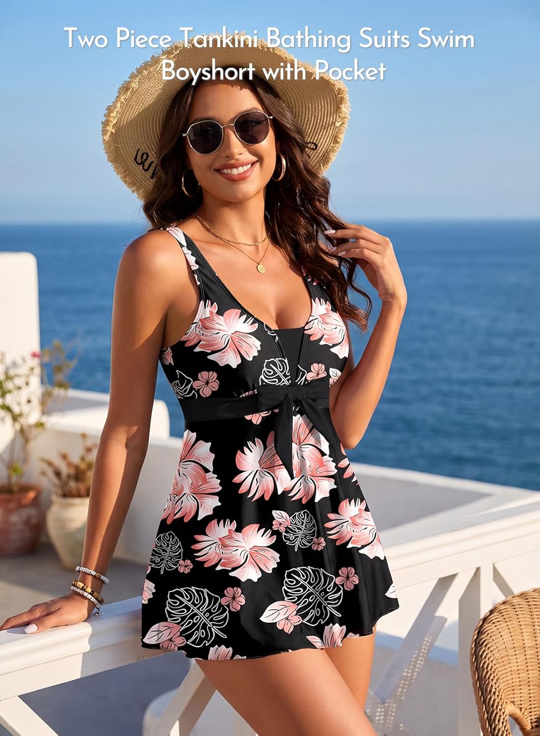 Thumbnail 5 de Aleumdr Women Printed Two-Piece Tankini Swimsuit with Pockets and High-Waisted Bottom