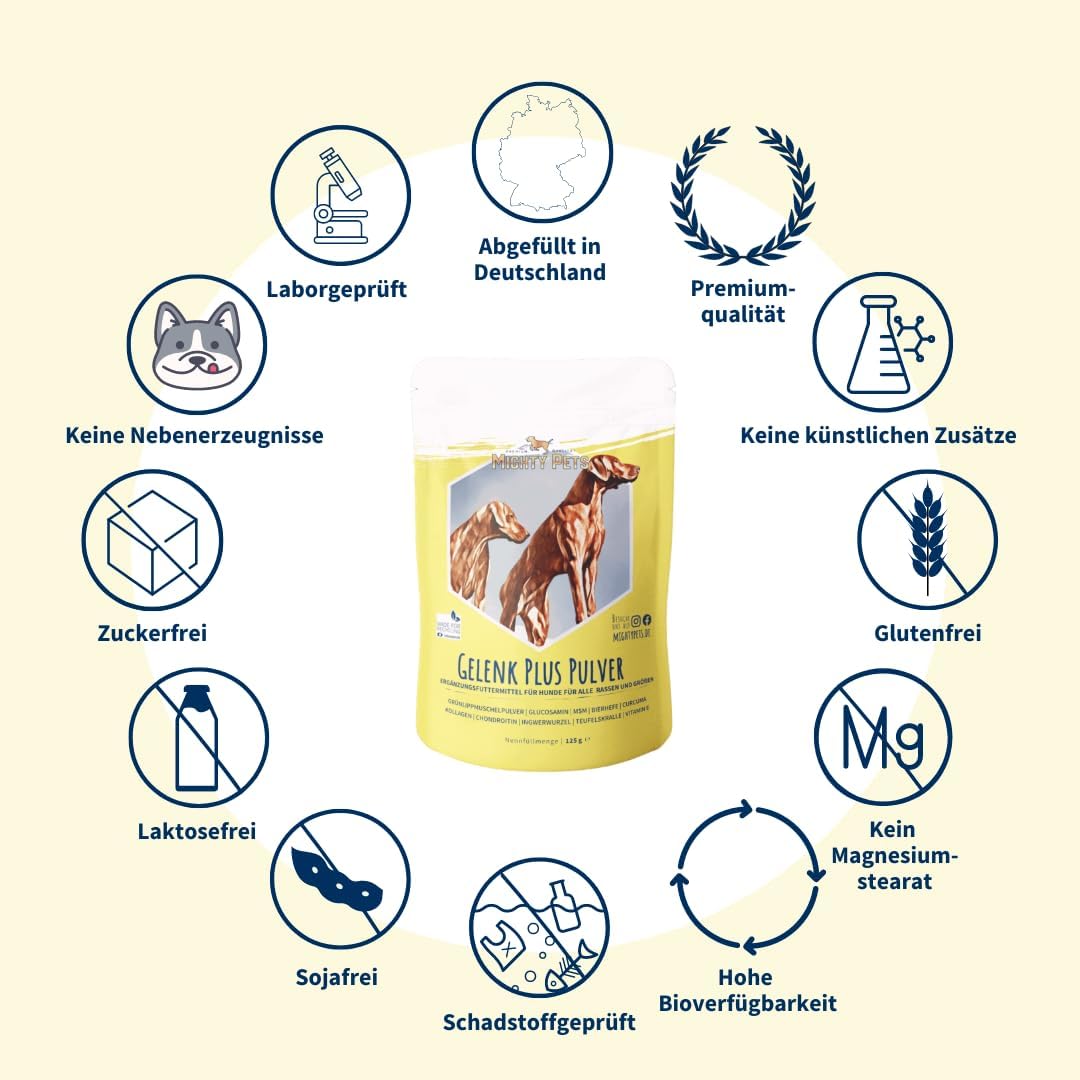 Detalle 2 de Mighty Pets GELENK Plus Pulver für Hunde (bis 125 Portionen) mit Grünlippmuschel, MSM & Kurkuma