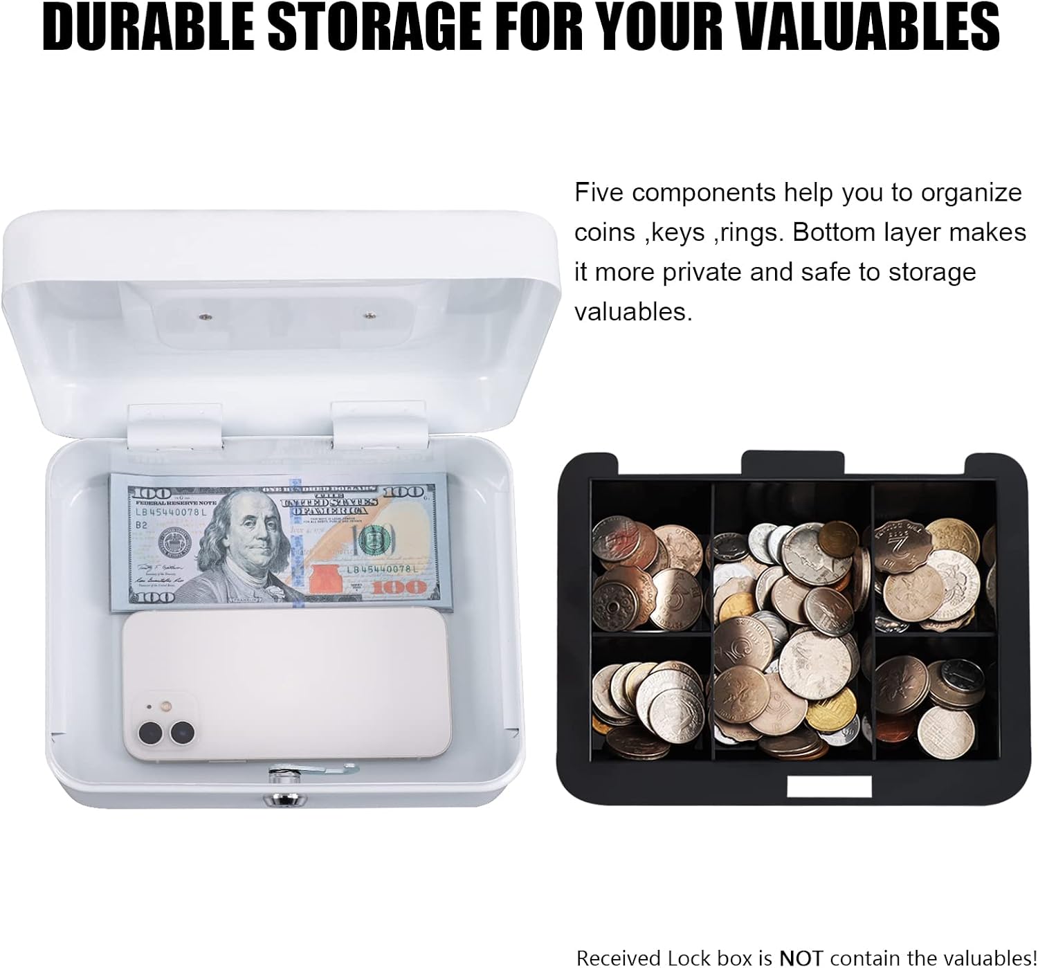 Detalle 2 de KYODOLED P0126 Medium Cash Box with 5-Compartment Tray, Key Lock, White