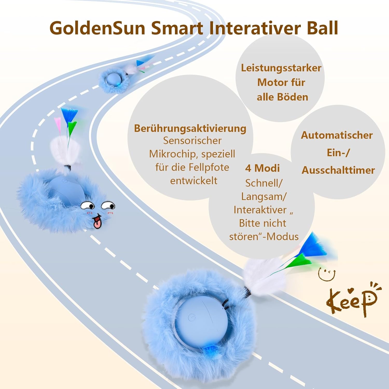 Thumbnail 3 de GoldenSun Katzenspielzeug Bewegungs-Zwitscher-aktivierter Ball mit 5-Loch-Versteckspiel (blau)
