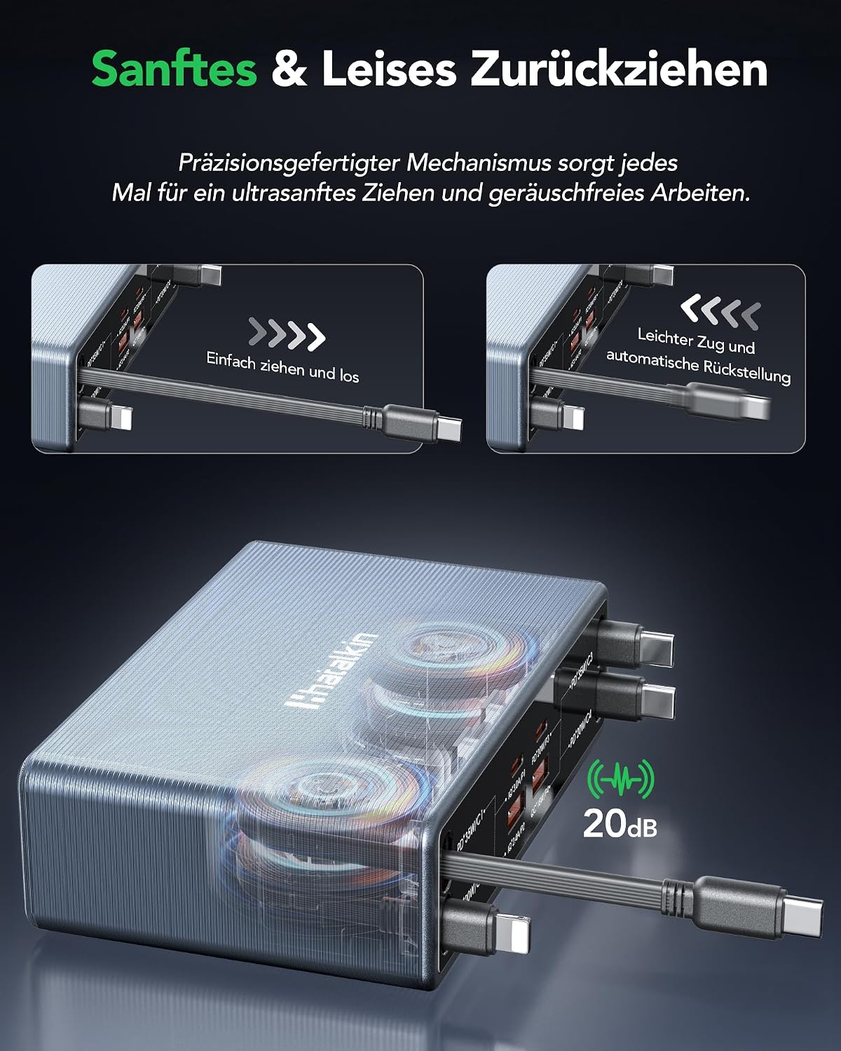 Thumbnail 6 de 8-in-1 Retractable USB-C Ladegerät mit 105W – GaN Ladestation mit 4 einziehbaren Kabeln