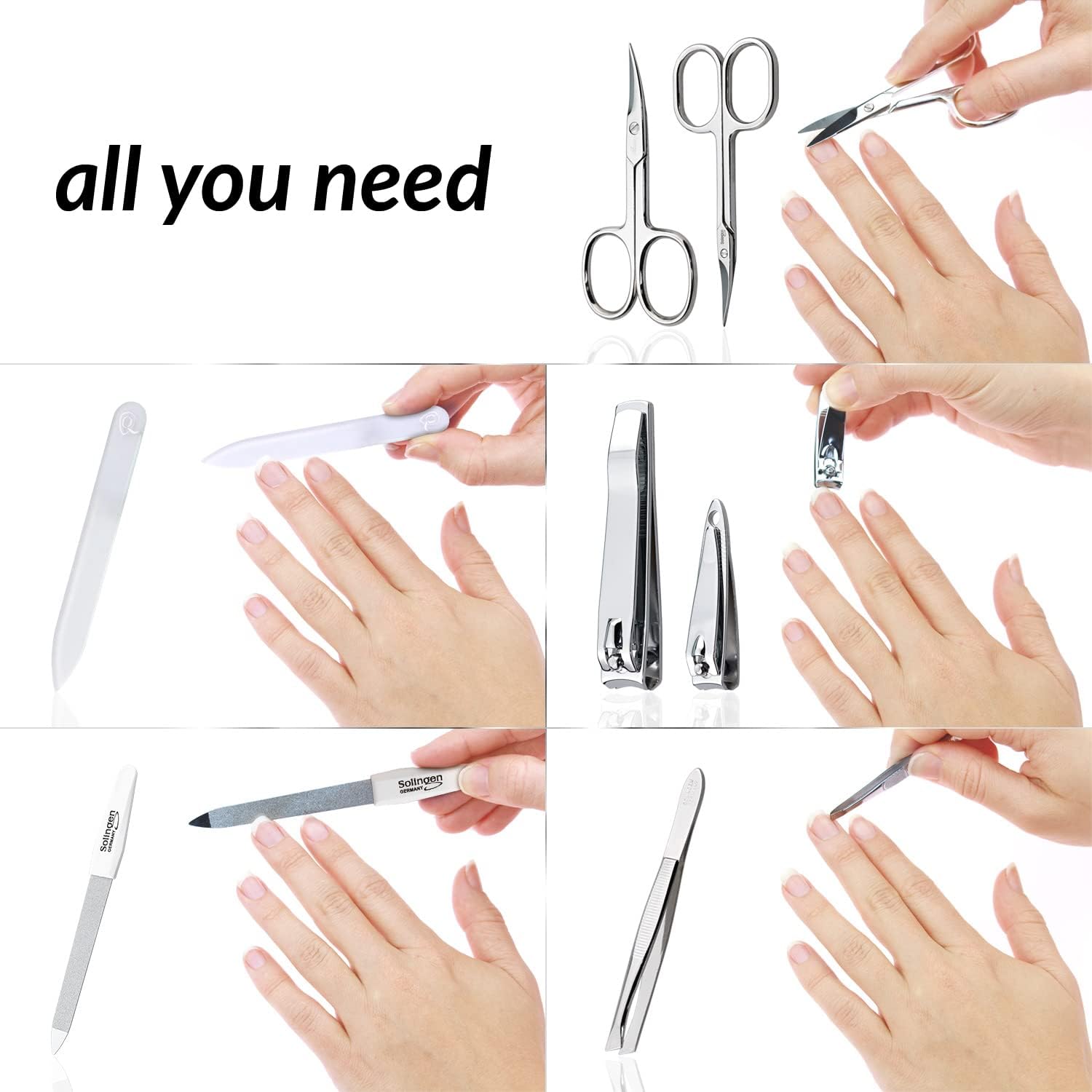 Detalle de Set Manicure Professionale da 7 Pezzi con Custodia in Vera Pelle – Solingen, Made in Germany