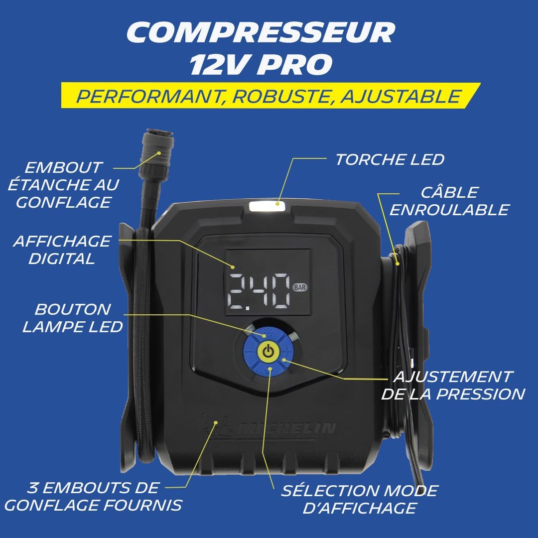 Thumbnail 1 de MICHELIN 009542 Compresseur à Air Électrique Professionnel – Gonfleur 12V, 8 Bar, 24 L/min, 3 embouts