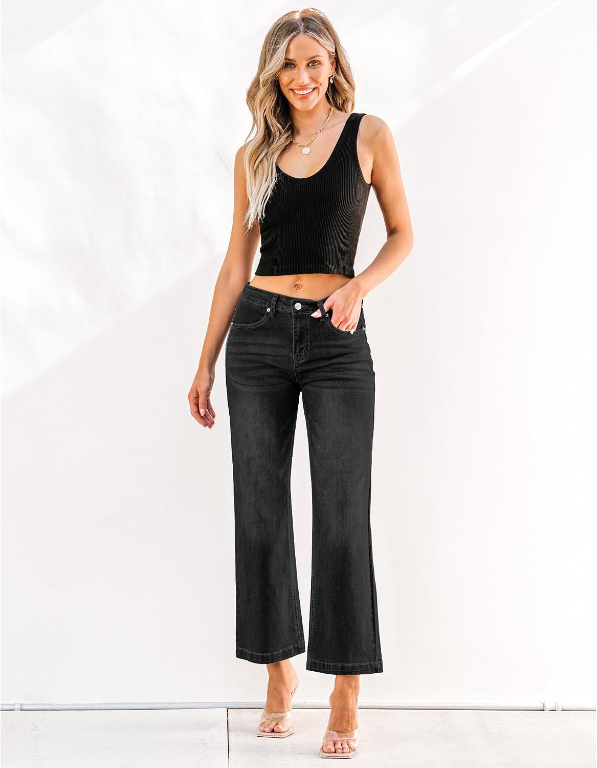 Detalle de GRAPENT Womens Flare Jeans: High Waisted Wide Leg Stretch Denim Pants