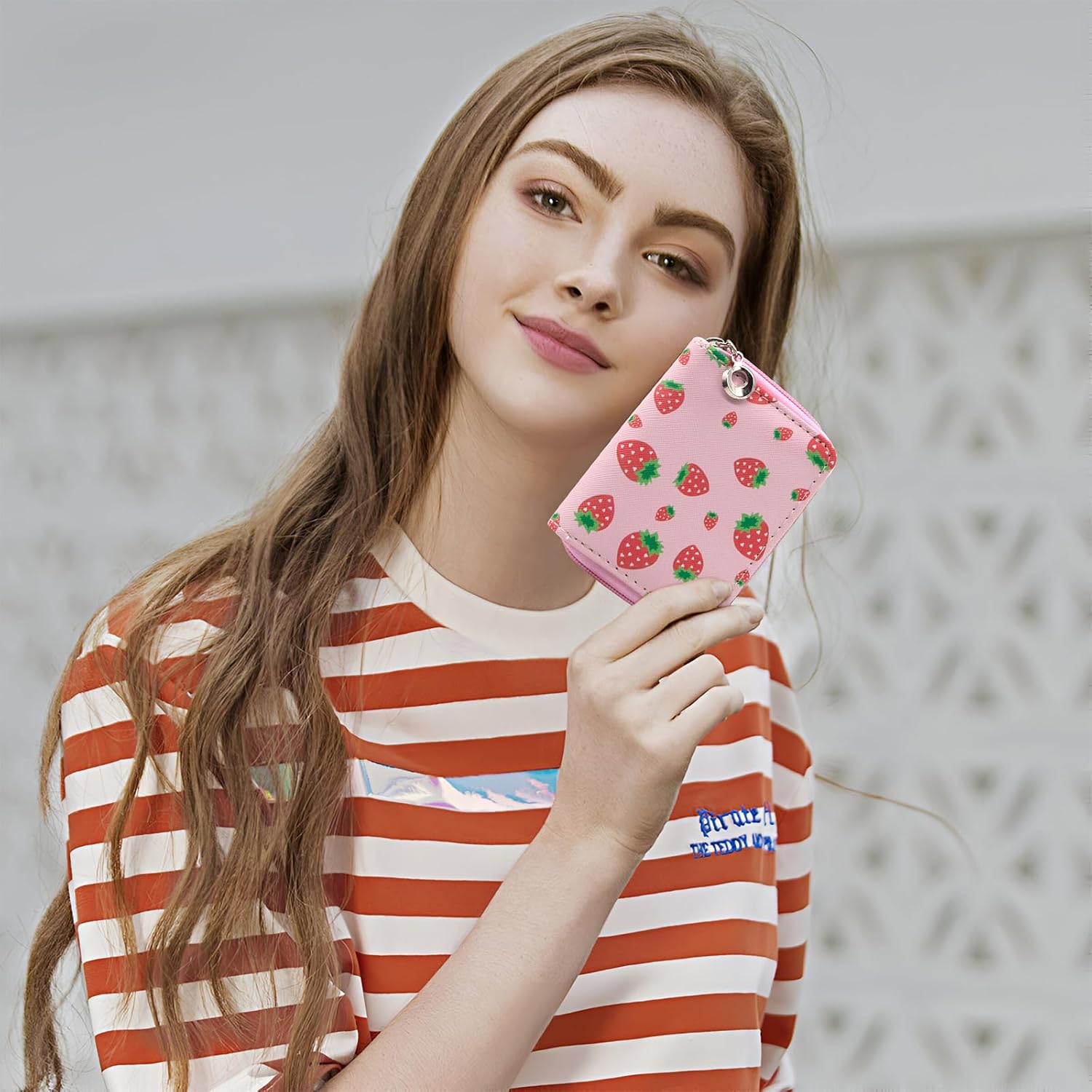 Detalle de LJCZKA Credit Card Holder with Zipper - Strawberry Cute Leather Wallet for Women (Pink)