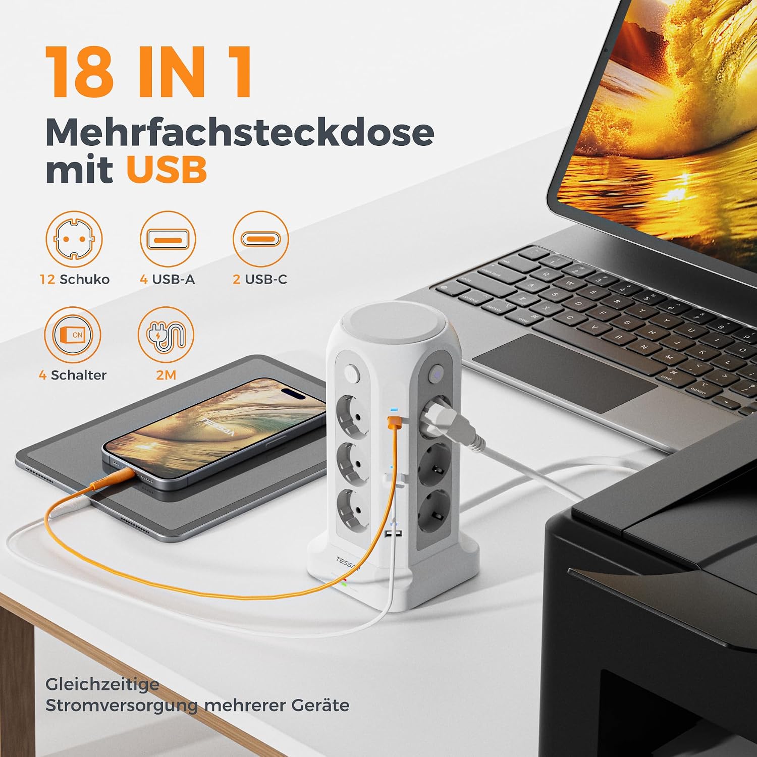 Detalle 2 de TESSAN 12-fach Mehrfachsteckdose mit USB-C 2M Verlängerung