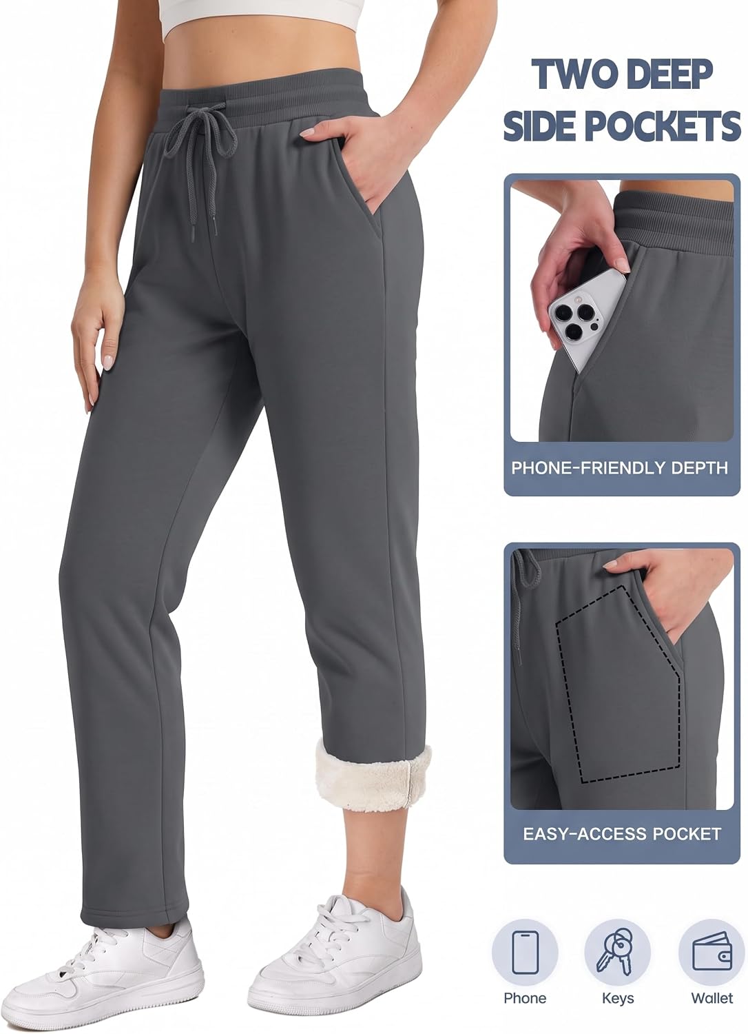 Detalle de TACVASEN Women's Sherpa-Lined Sweatpants, High-Waisted Winter Lounge Pants with Pockets