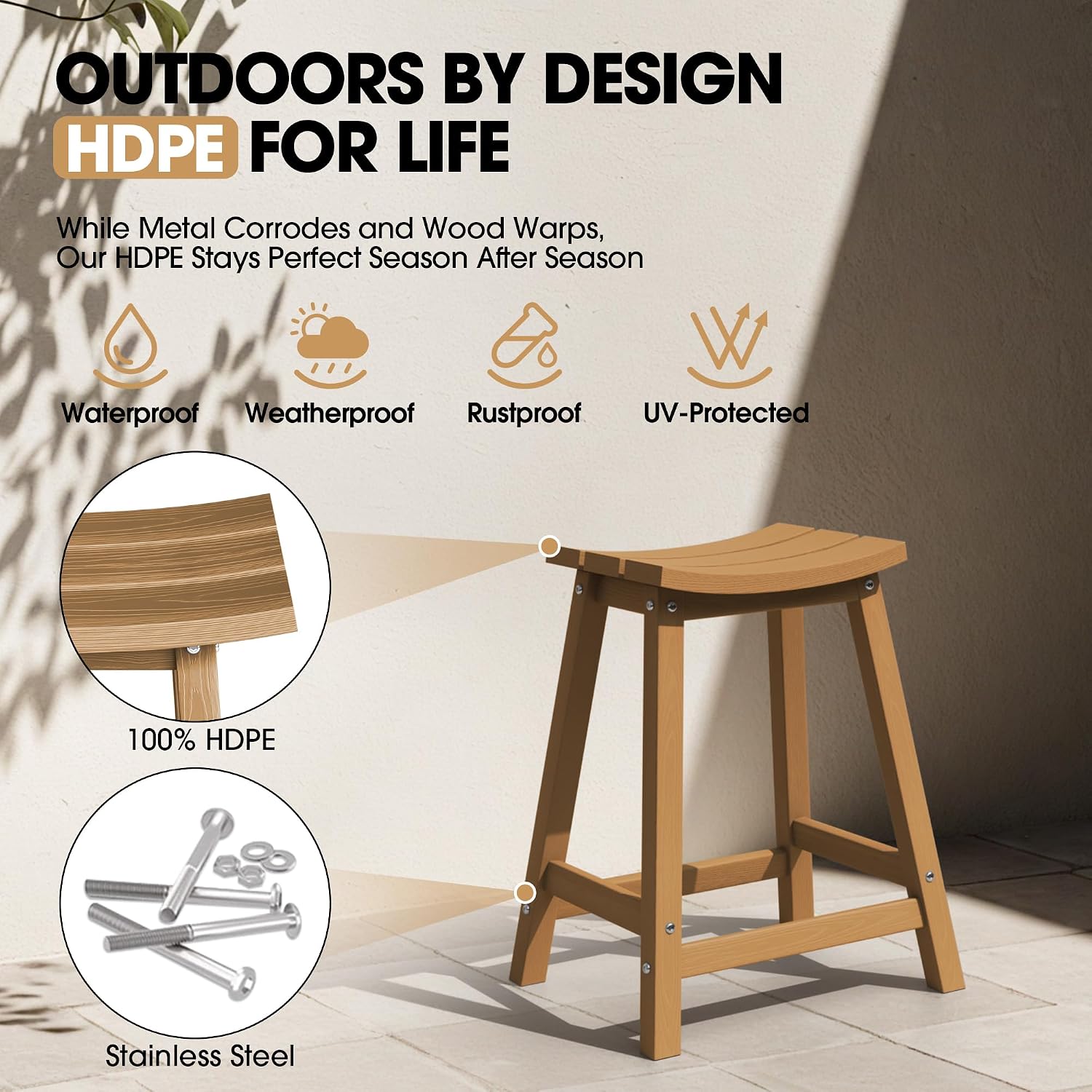Detalle 2 de Ciokea stools6 Outdoor Bar Stools, Set of 4, 24-Inch HDPE Teak