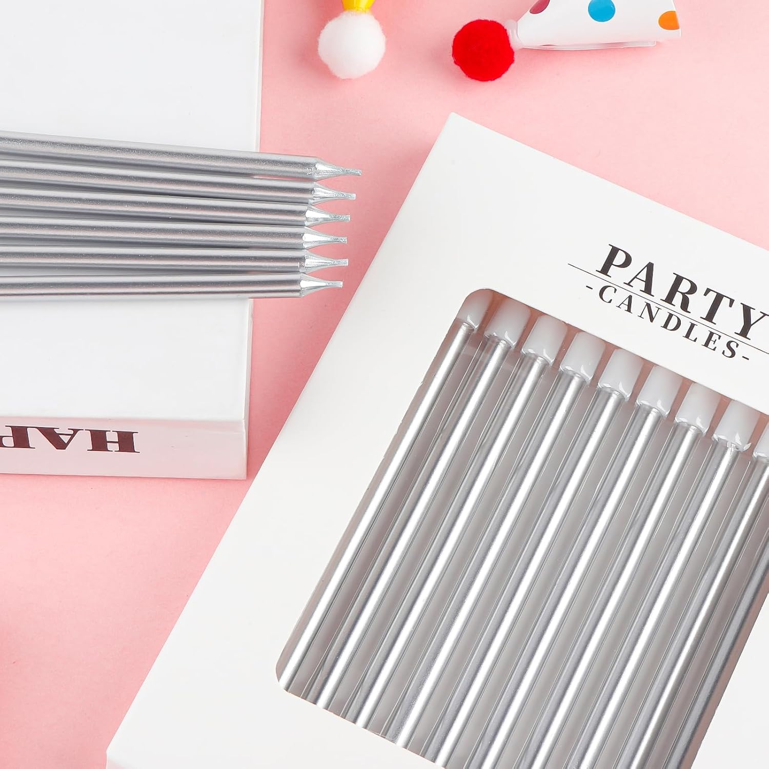 Thumbnail 5 de Glitter Silvery Birthday Candles for Cakes (24 pcs, 10cm) with Holders – long skinny cake toppers