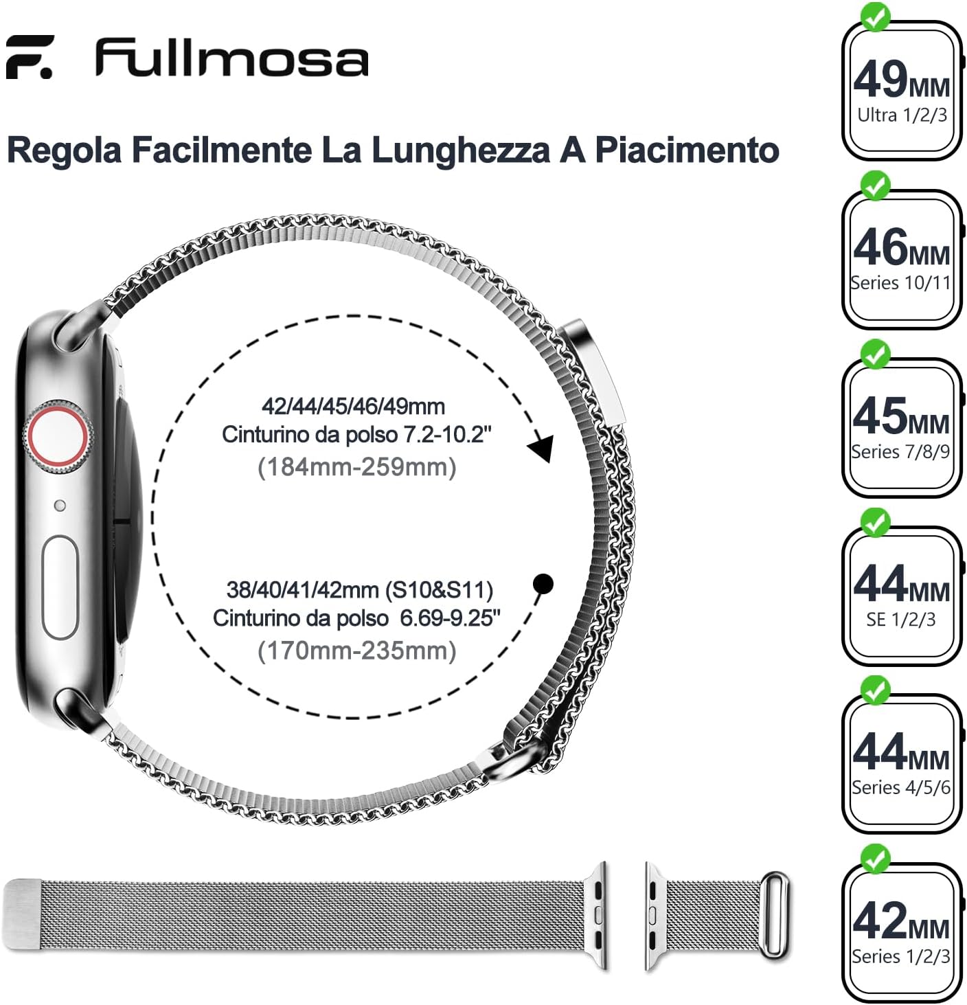 Detalle de Fullmosa Cinturino Metallo Compatibile Apple Watch – 44/46/45/42/49 mm, Acciaio Inossidabile, Argento