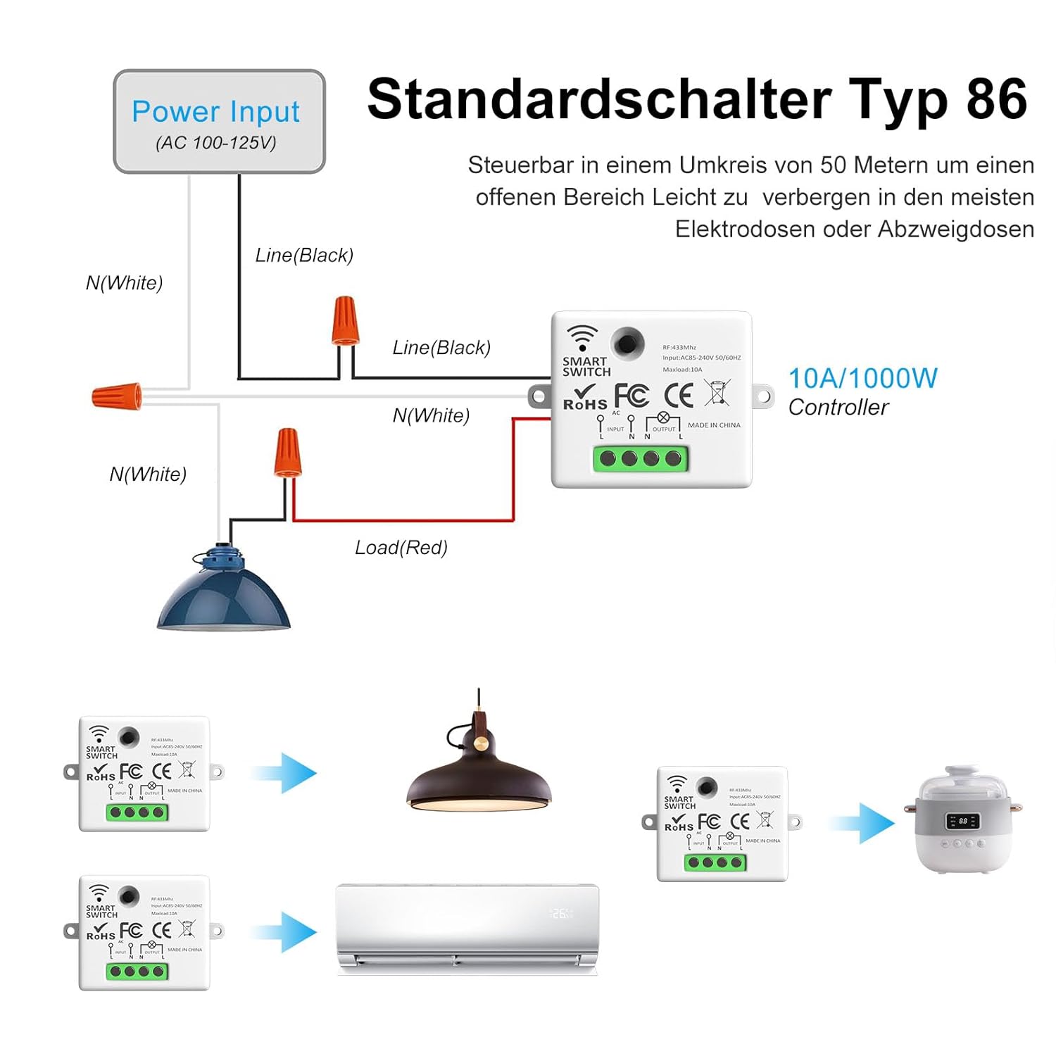 Thumbnail 4 de ARCELI Interrupteur RF 433 MHz – kit récepteur sans fil mural 2200 W/10 A pour maison intelligente