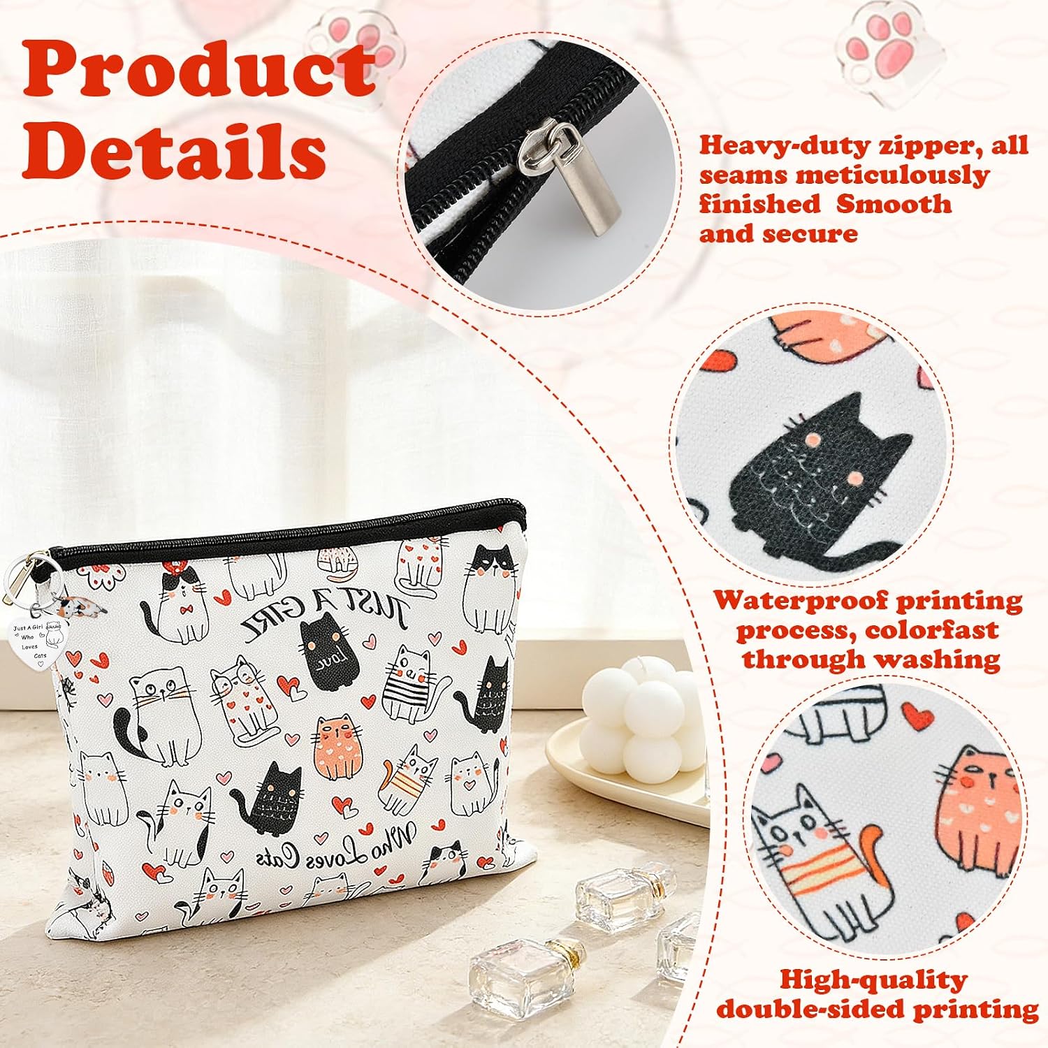 Thumbnail 2 de Cat Makeup Bag with Just a Girl Who Loves Cats Keychain – Portable, Lightweight Pouch for Cat Lovers