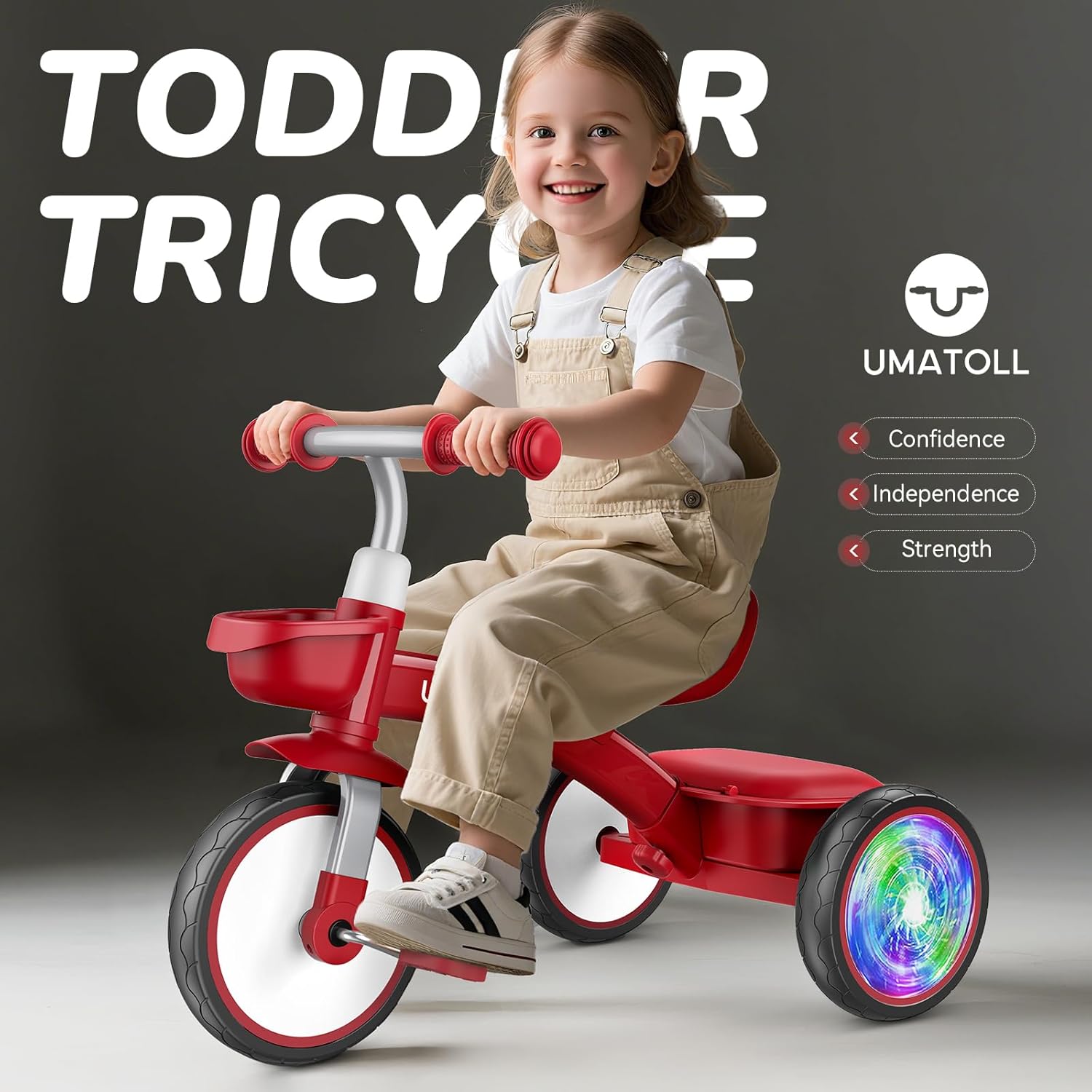 Thumbnail 1 de Umatoll Toddler Tricycle (18 Month–4 Years) with Adjustable Seat & Light-Up Wheels, Red