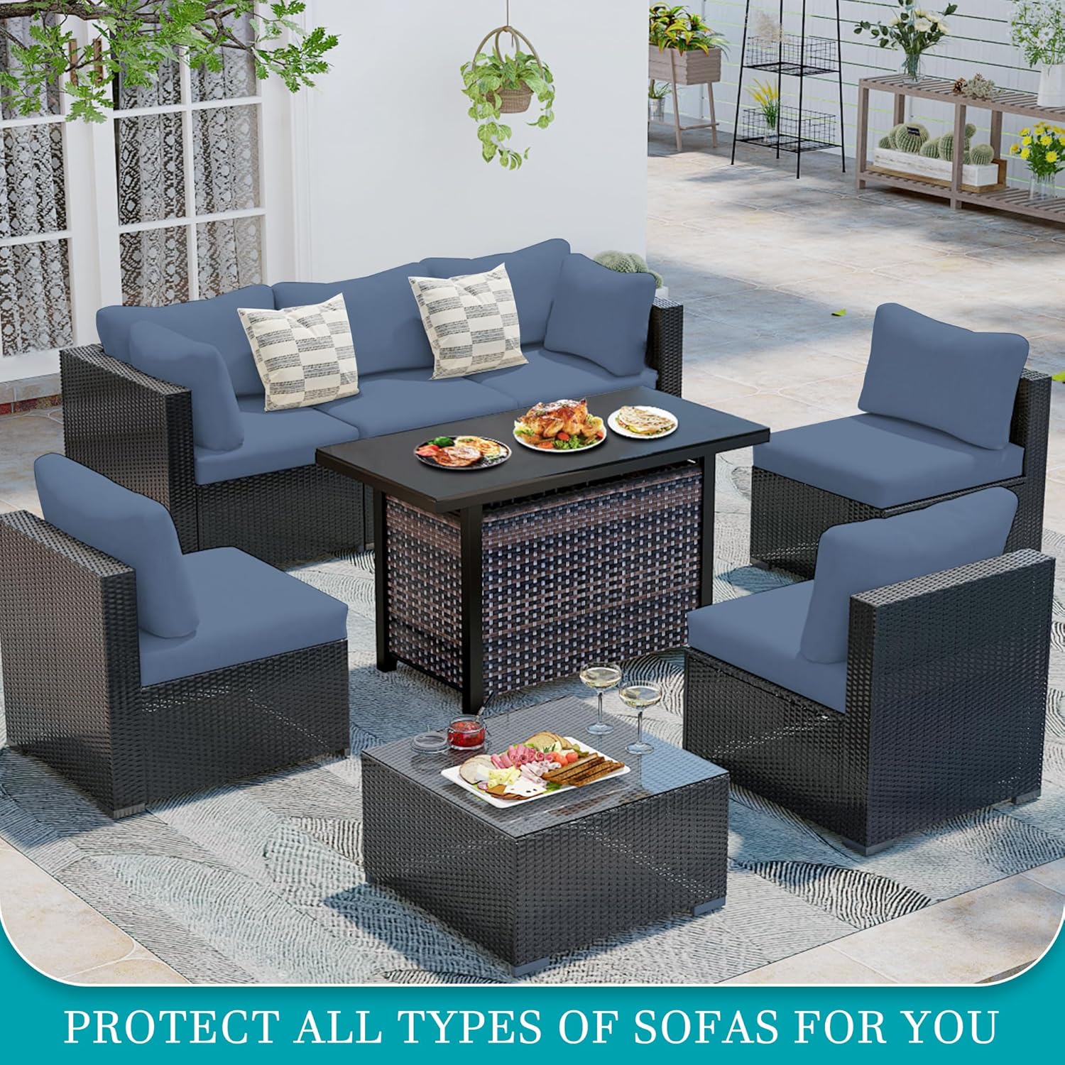 Detalle de 12 Pcs Stretch Patio Cushion Covers (Gray Blue) – Replacement Outdoor Sofa Slipcovers