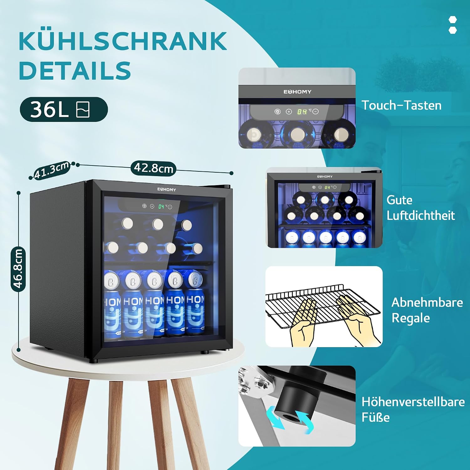 Detalle 2 de EUHOMY Getränkekühlschrank mit Glastür, 36 l für bis zu 55 Dosen, 43 dB, schwarz