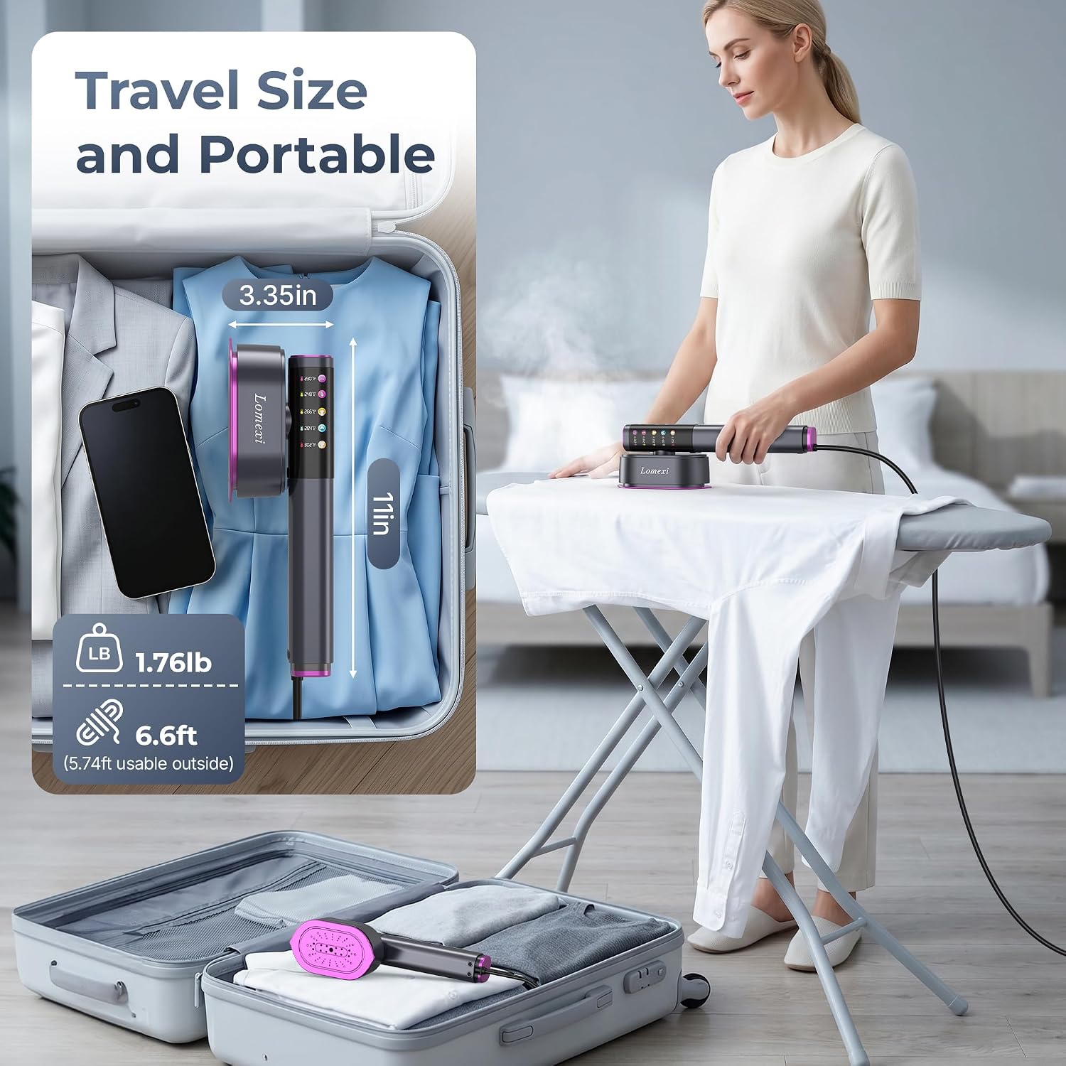 Detalle 2 de Lomexi LXCS-scr-001-DA 2-in-1 Garment Steamer and Iron, 5 Settings
