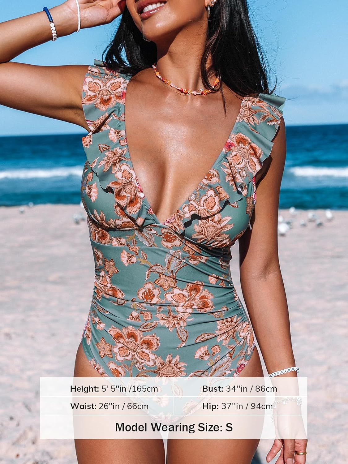 Thumbnail 2 de CUPSHE Damen Badeanzug mit Volants und Rüschen – Monokini mit V-Ausschnitt und Bauchweg-Details