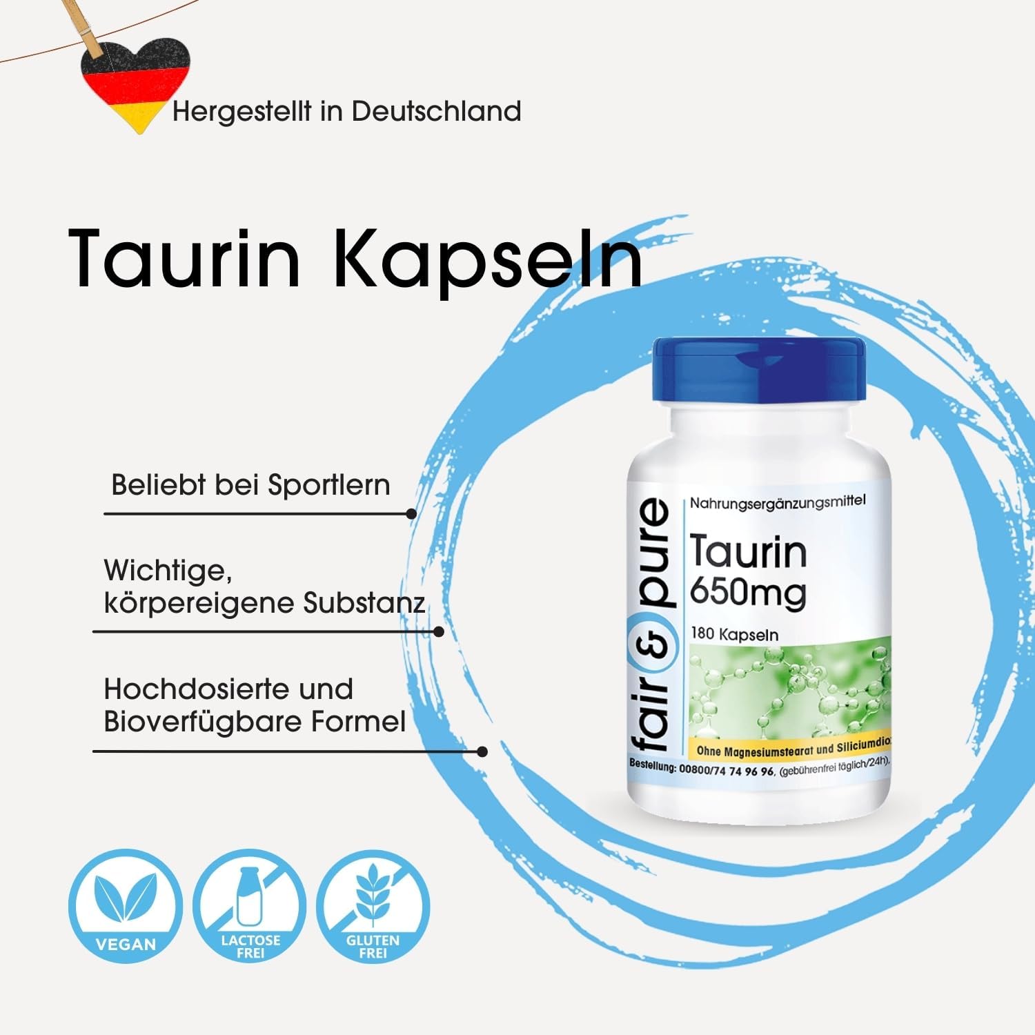 Detalle 2 de Fair & Pure Taurin 650mg – Hochdosierte Vegane Taurin-Kapseln, 180 Stück, hergestellt in Deutschland