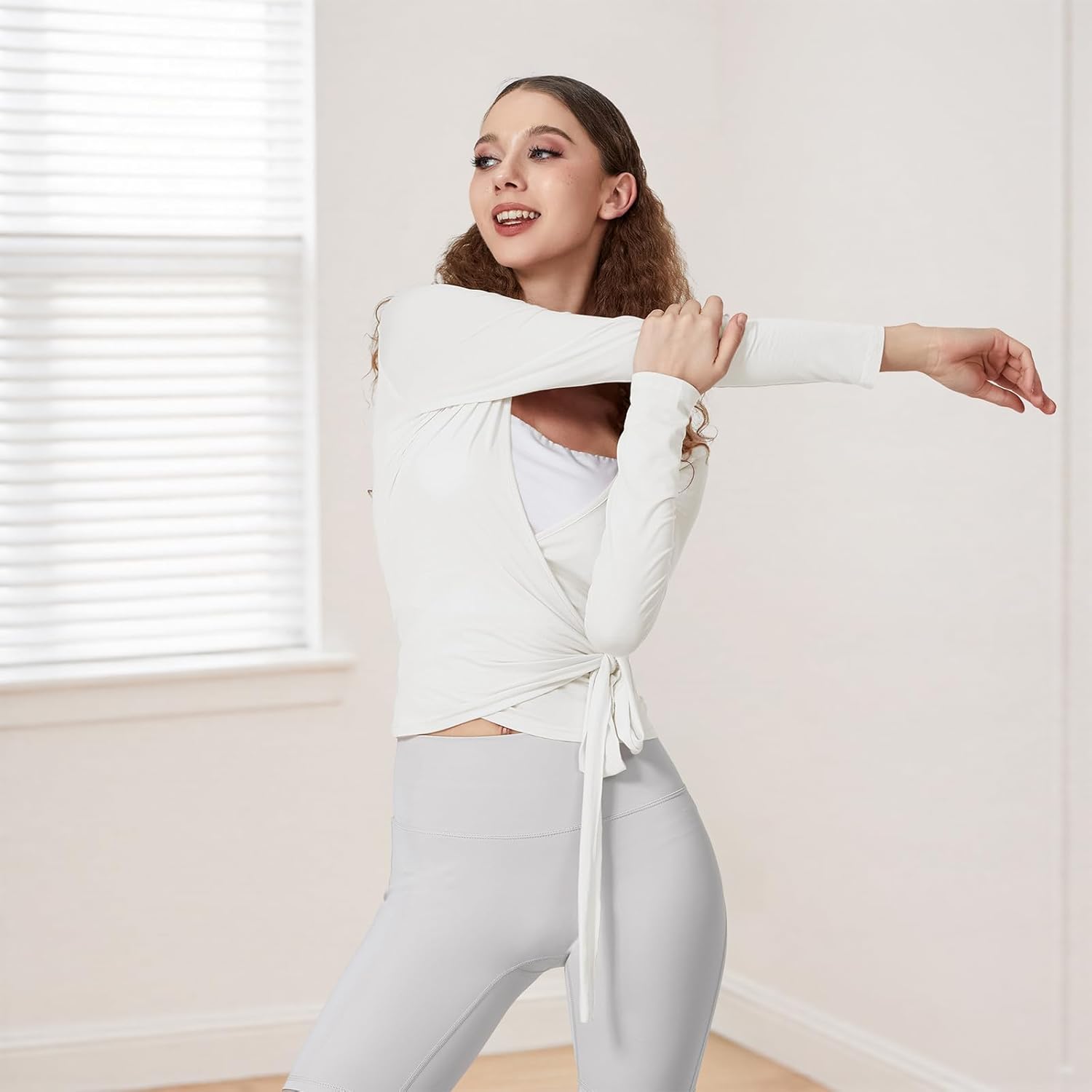Thumbnail 5 de Women Ballet Wrap Top Long Sleeve Self Tie Dance Shirt Pilates Yoga Tops Y2k Workout Active Blouses