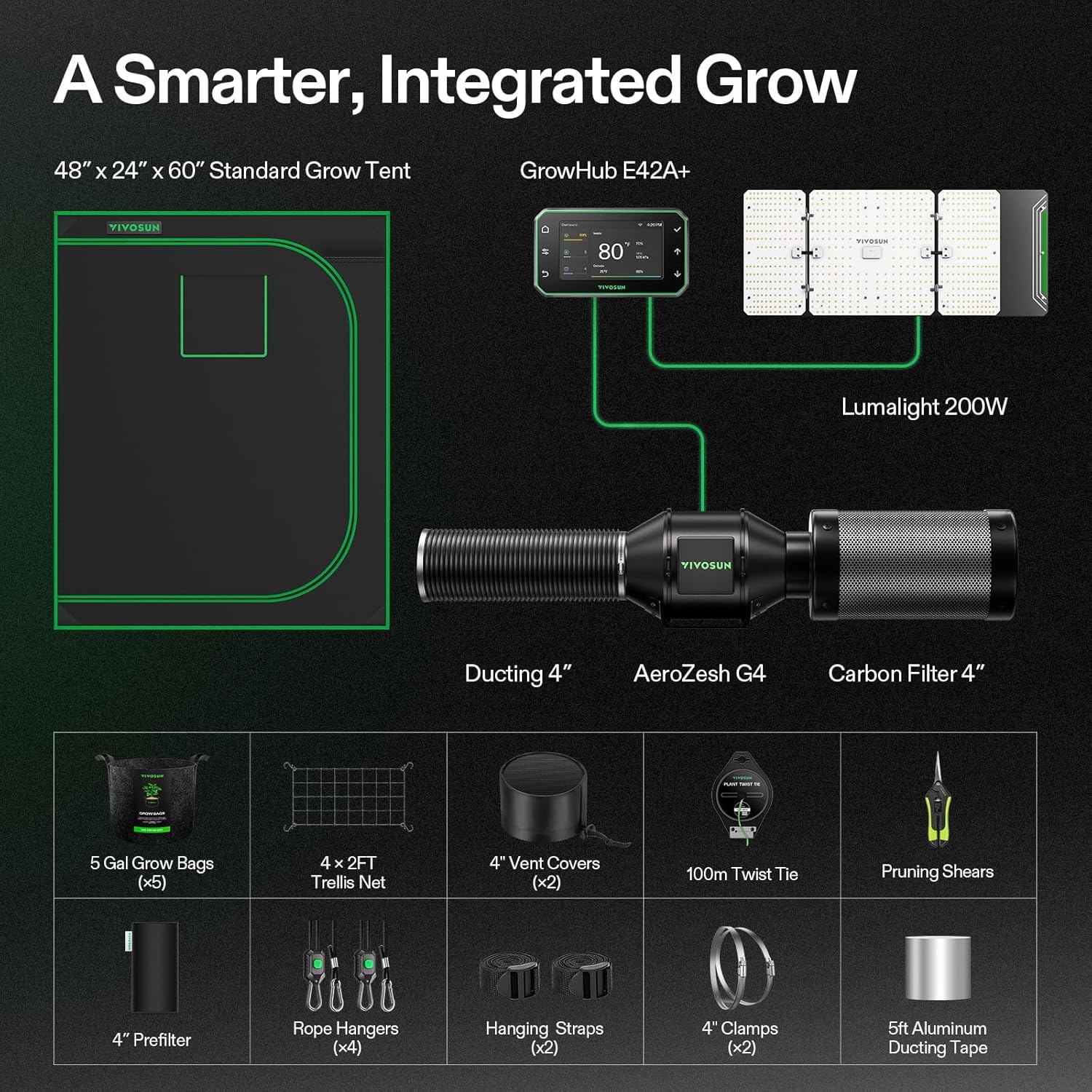 Thumbnail 5 de VIVOSUN Growbox completo Smart 120x60x150 cm con GrowHub E42A+, WiFi e lampada LED 200W a spettro completo