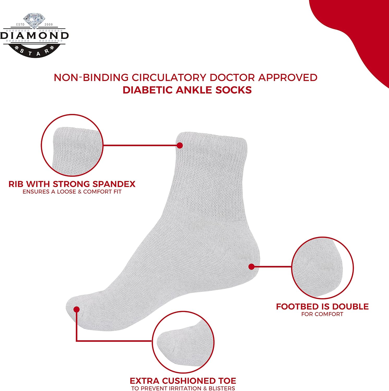 Detalle de Diamond Star Diabetic Ankle Socks, Cotton Blend, Cushioned Sole, 12 Pairs