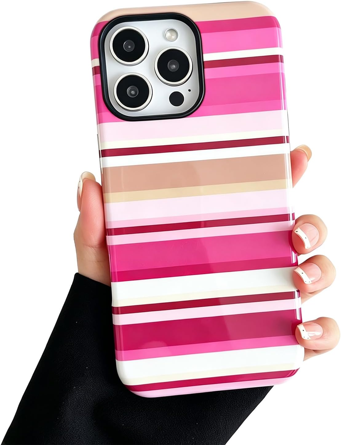Detalle de Sayoaho iPhone 16 Pro Case, Pink Striped Retro Design, TPU Edge and PC Back