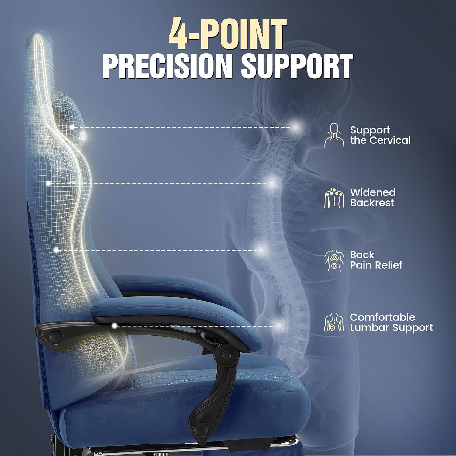 Detalle 2 de GTPLAYER Blue Fabric Gaming Chair with Spring-Cushioned Seat and Footrest