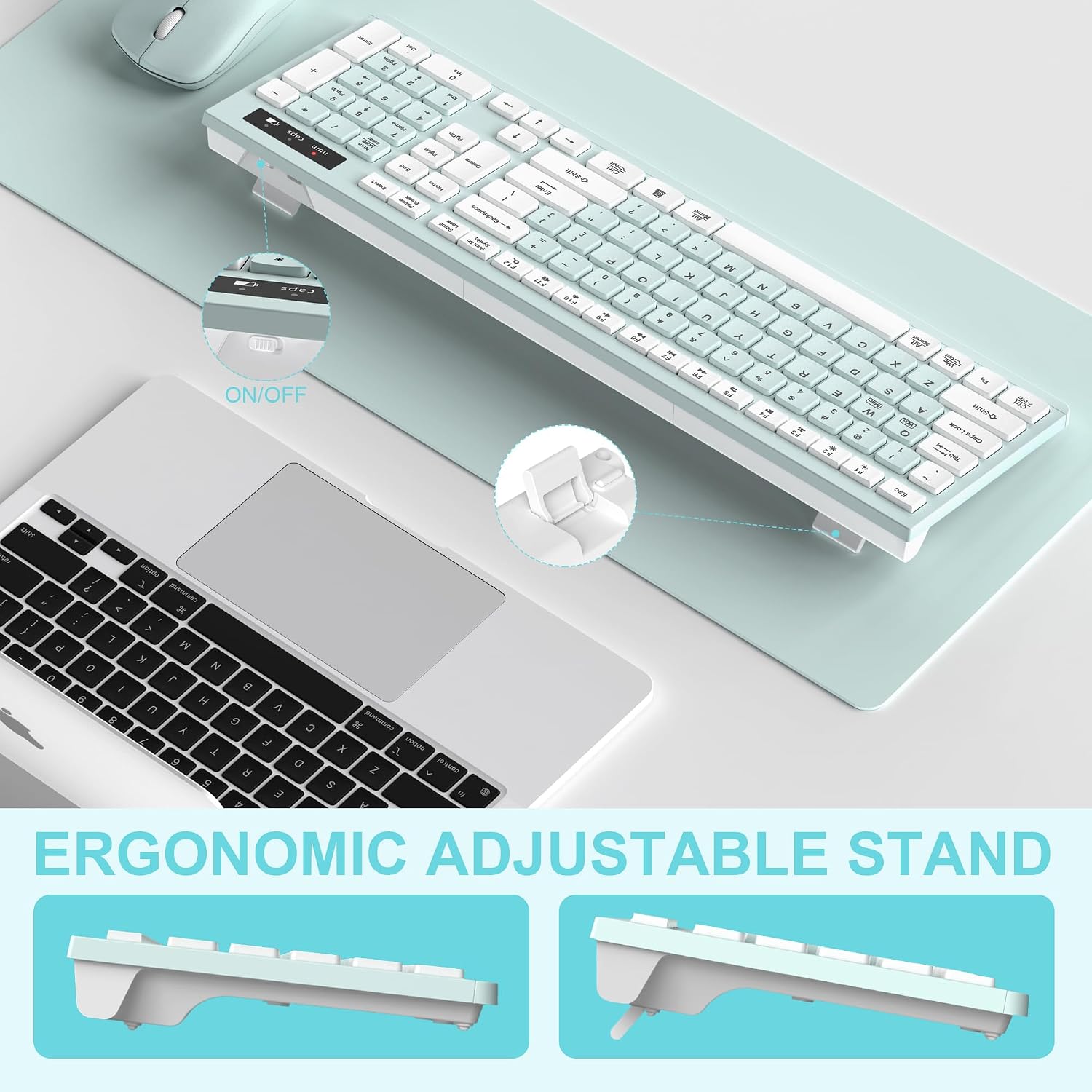 Detalle 2 de RECCAZR Wireless Keyboard and Mouse Combo, Full-Size, Quiet, Mint Green