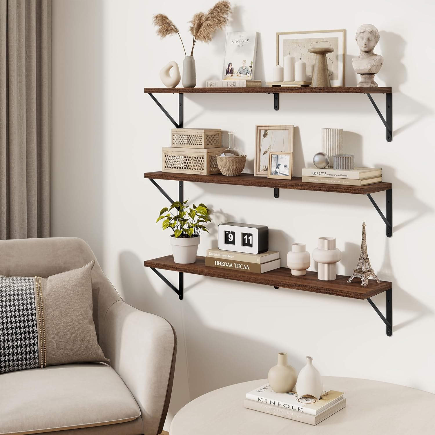 Thumbnail 1 de Feihorrm Floating Shelves Set of 3 – Walnut Wall Shelves, 90 x 20 cm