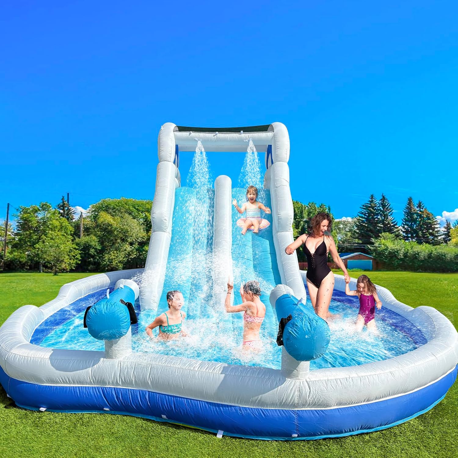 Detalle de Inflatable Double Water Slide - 17.7FT Large Climber Water Park for Big Kids (5-10) with Splash Pool