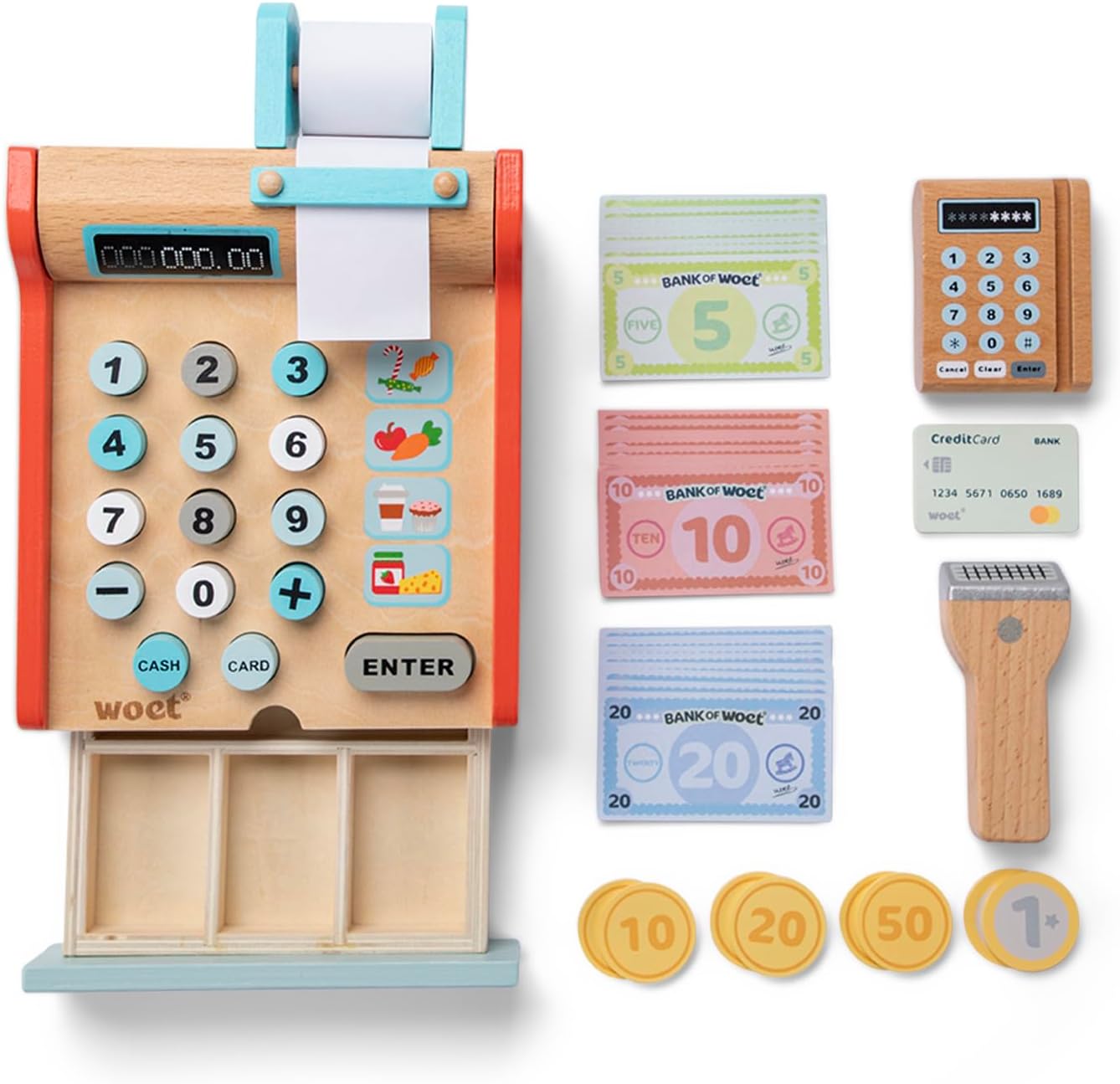 Detalle 1 de New Classic Toys 10650 – drewniana kasa sklepowa z monetami i banknotami