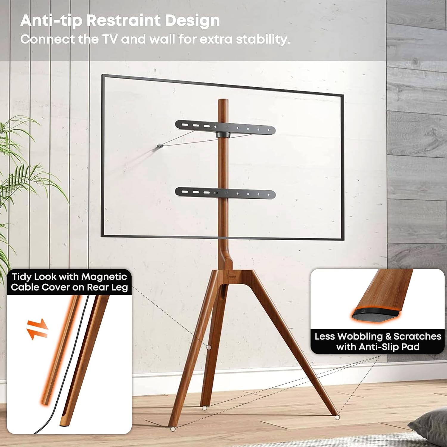 Thumbnail 6 de PUTORSEN Premium Wood Easel TV Stand (Walnut) for 45–65 Inch TVs, Adjustable Swivel Tripod with Hidden Cable Management