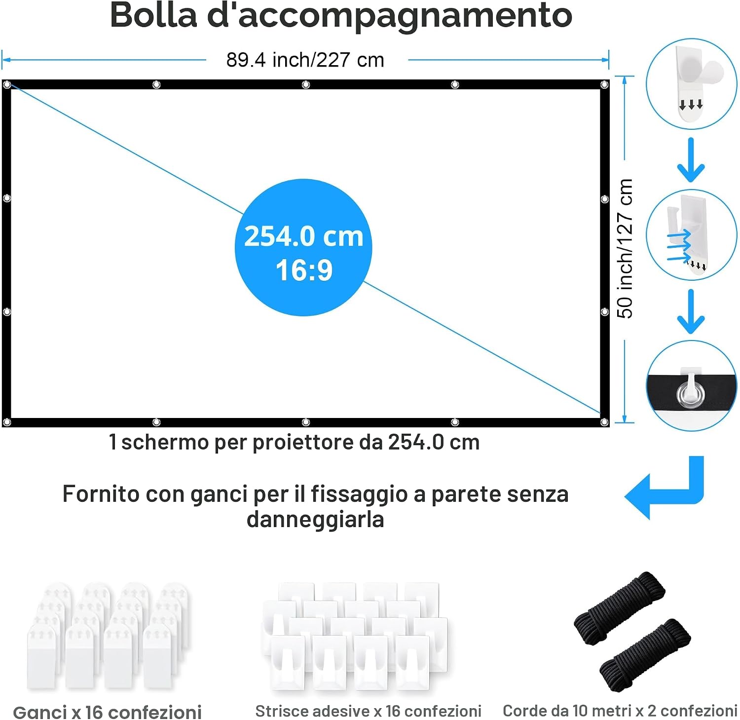 Detalle 2 de LEORFI Schermo per Proiettore 100 Pollici: Telo Portatile 16:9 4K Full HD, Doppia Faccia, Anti-Pieghe