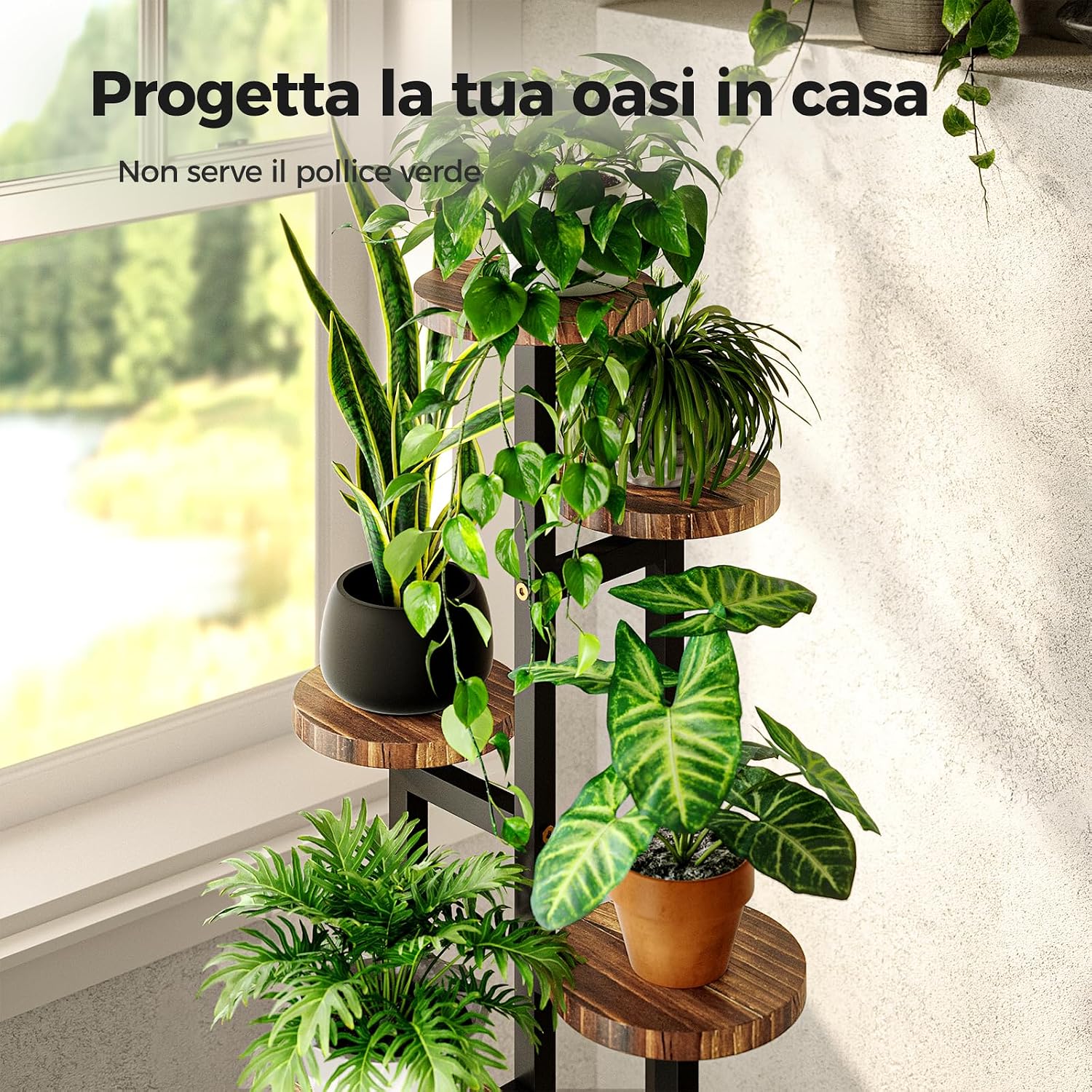 Detalle de Bamworld Porta Piante da Interno in Metallo 5 Ripiani in Legno – Porta Vasi a Più Livelli per Interno/Esterno