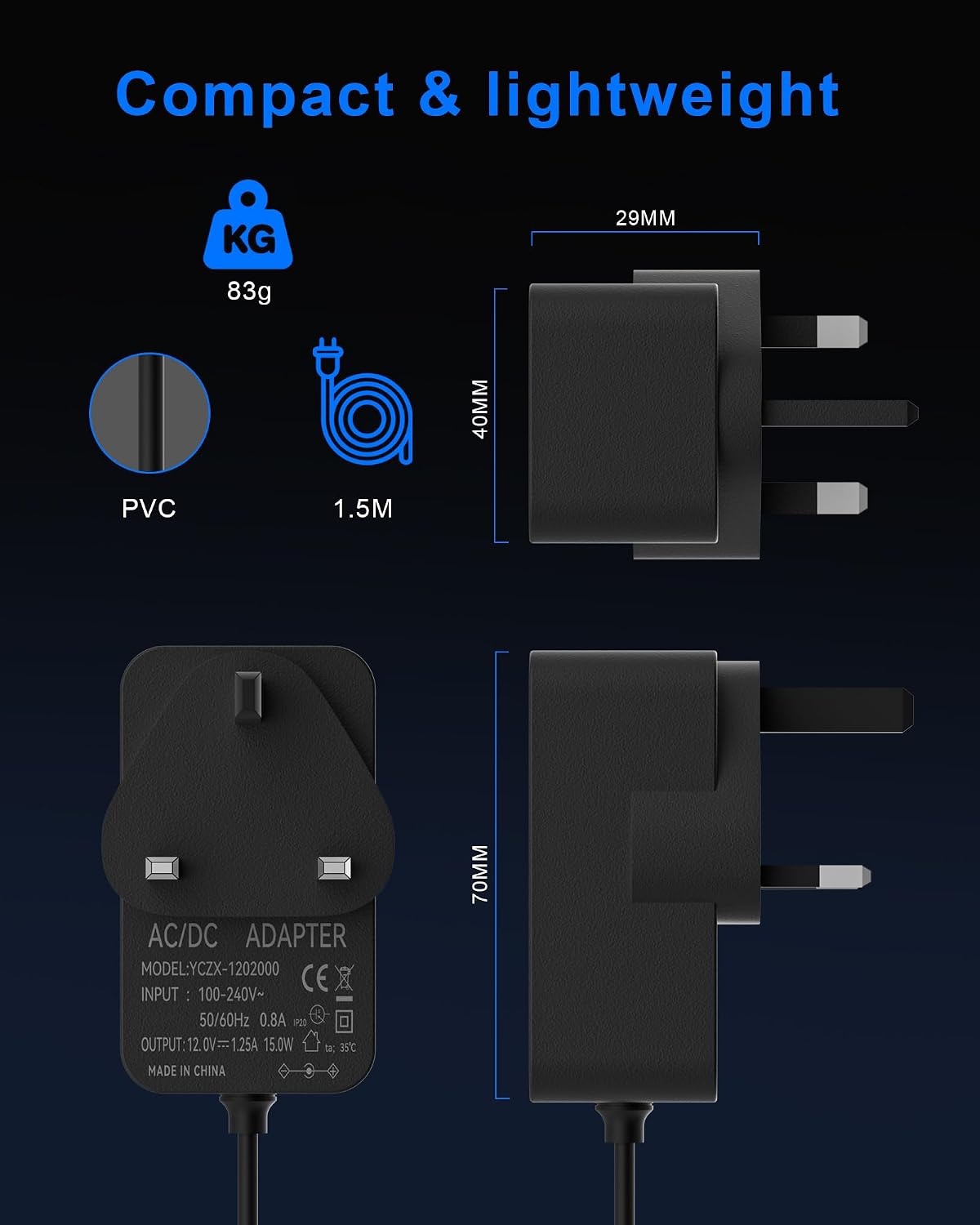 Detalle de Binamao 12V 1.25A 15W Power Supply Charger for Echo & More (1.5m Cable) – UK Plug