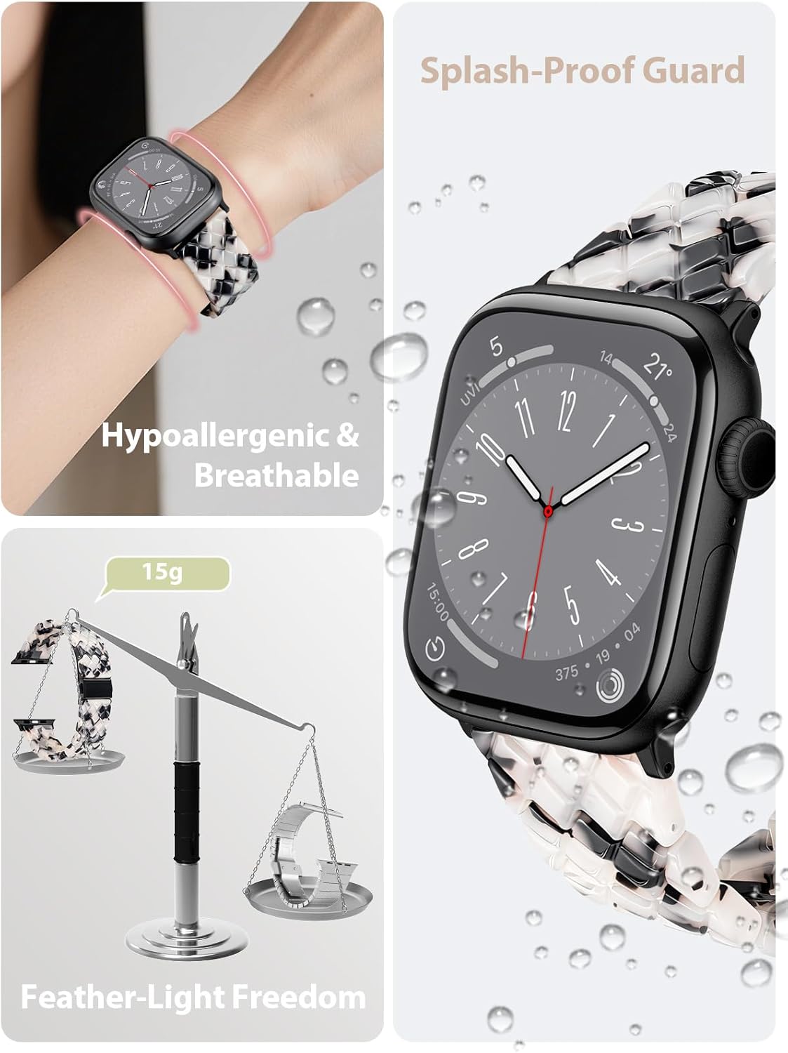 Detalle de V.R.HOPE Harz Armband für Apple Watch – Damen, 38–49 mm, Schwarz Blumen, Schlangenhaut