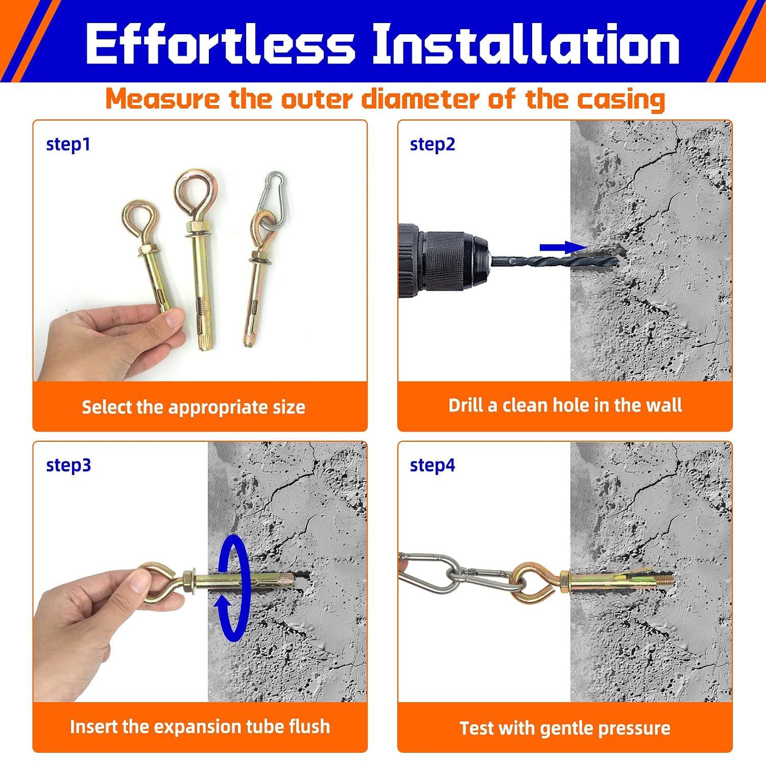 Detalle 2 de NexSync 7D-WCJ4-YHQZ M10 Concrete Eye Bolts with 304 Stainless Steel Snap Hooks