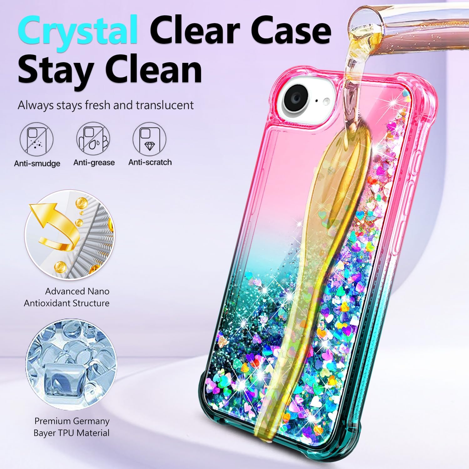 Thumbnail 3 de NGB Glitter Liquid Case for iPhone 16e & 17e (6.1") with Screen Protector, Ring Holder, and Wrist Strap — Pink/Aqua