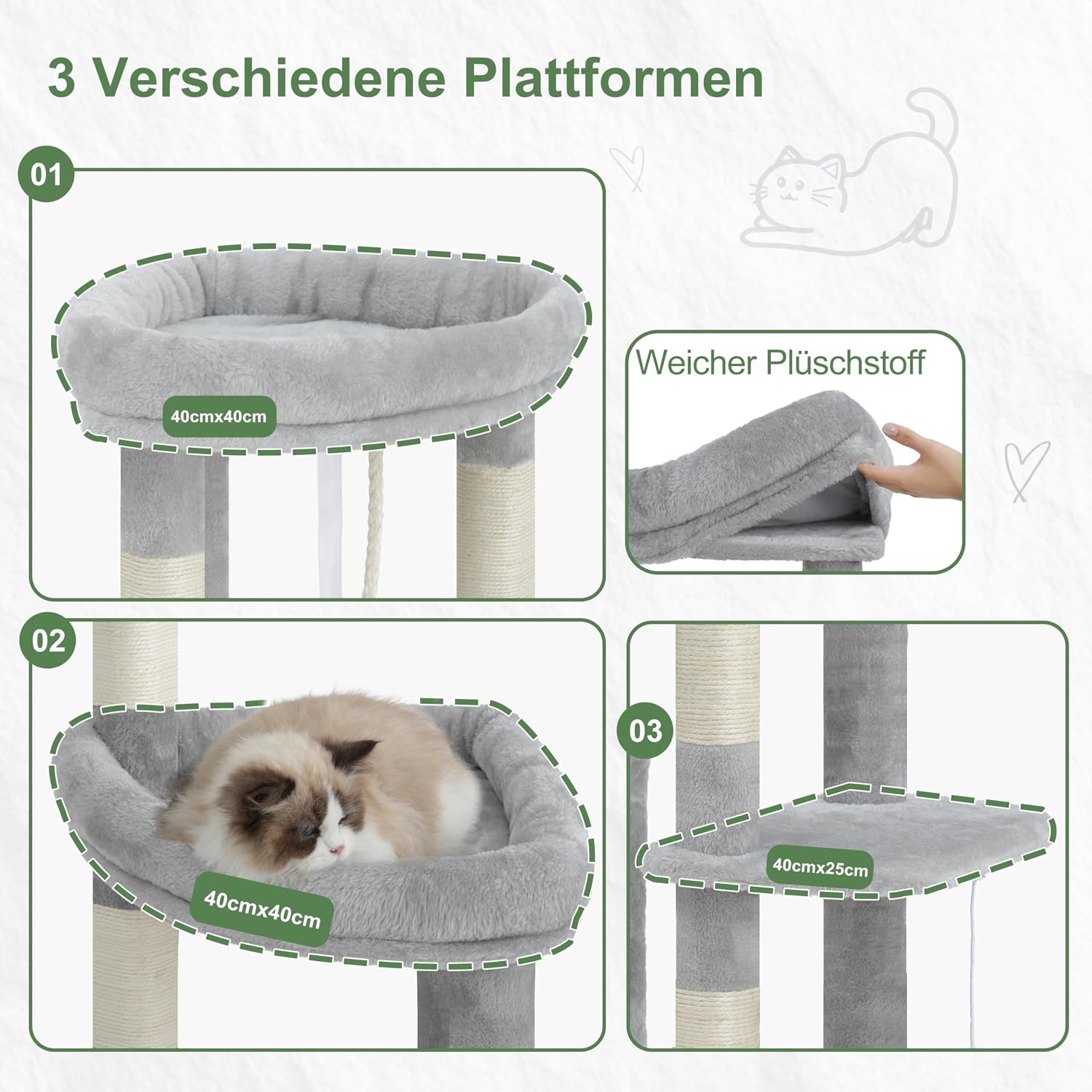 Detalle de Gitelsnour Kratzbaum 182 cm stabil für Mehrkatzenhaushalt – XXL Modell mit 3 Höhlen, 3 Plattformen und 10 Kratzsäulen