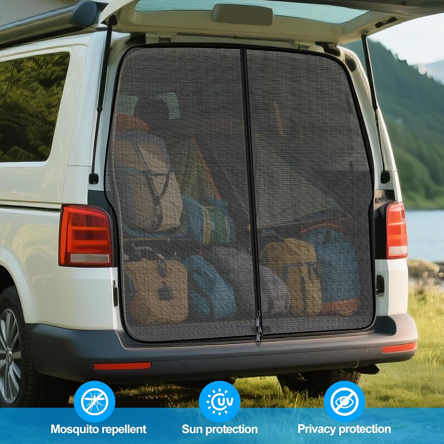 Detalle de ZATOOTO Mosquito Net Zip for VW T5/T6 Tailgates – Magnetic, 3-zip Rear Boot Shade for Camping