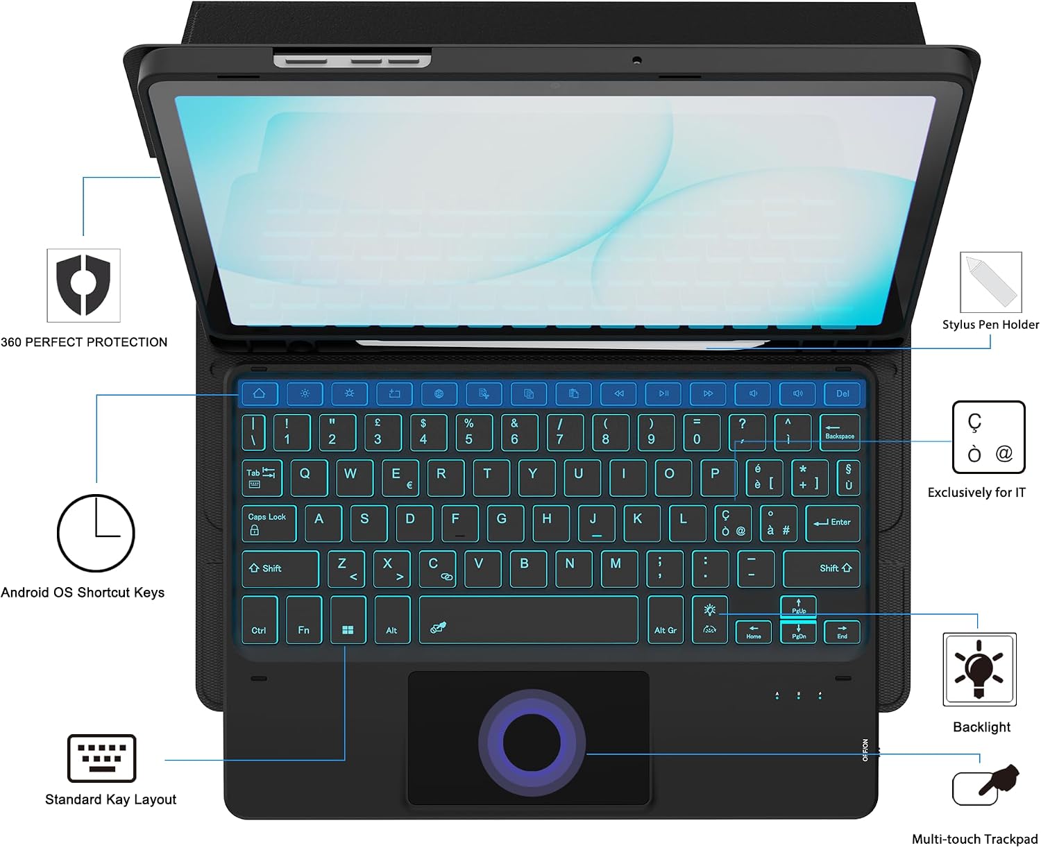 Detalle de VANKEYPAD Custodia Tastiera per Samsung Galaxy Tab A11 Plus / A9+ 11” con touchpad e retroilluminazione a 7 colori