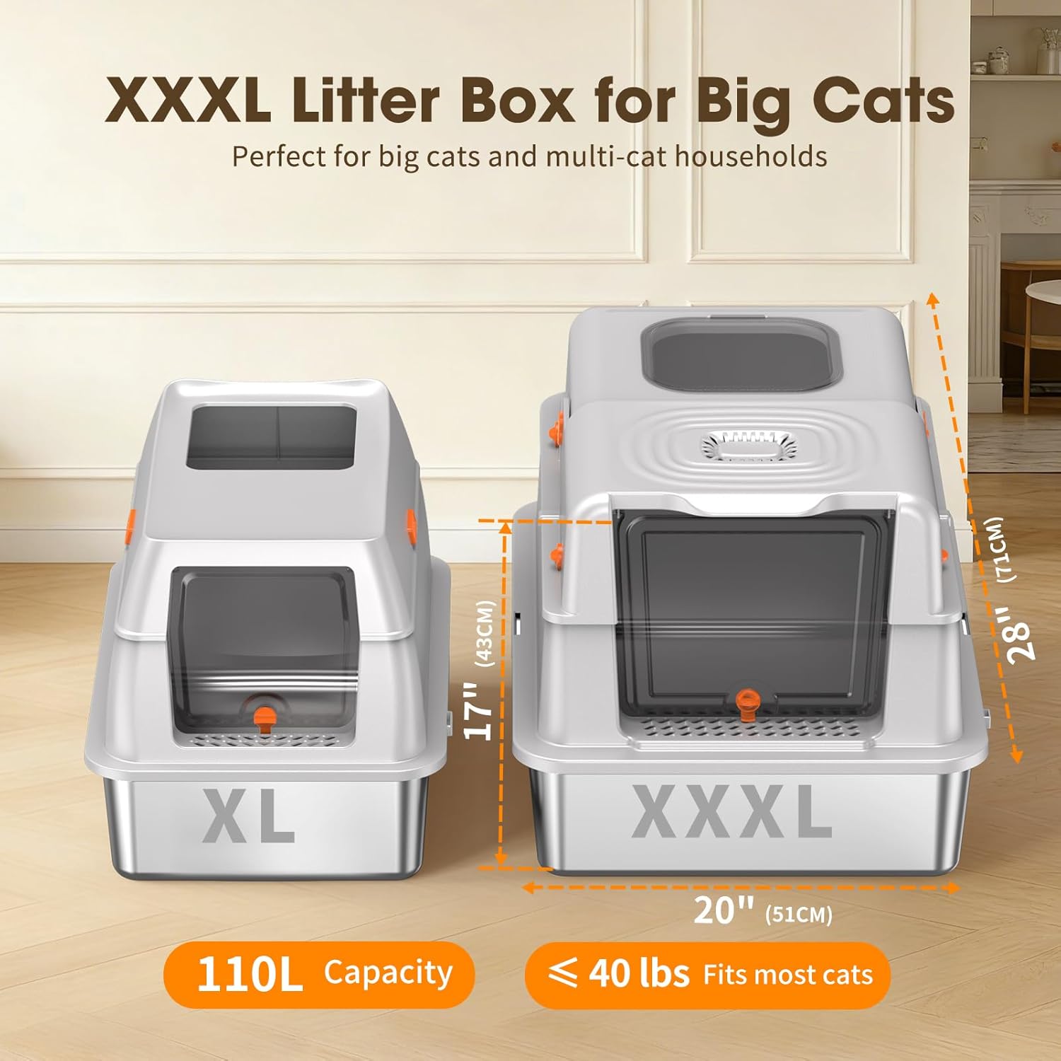 Thumbnail 1 de Stainless Steel Cat Litter Tray with Lid (XXXL) – Odour Control, Dual-Door Entry, Charcoal Filter