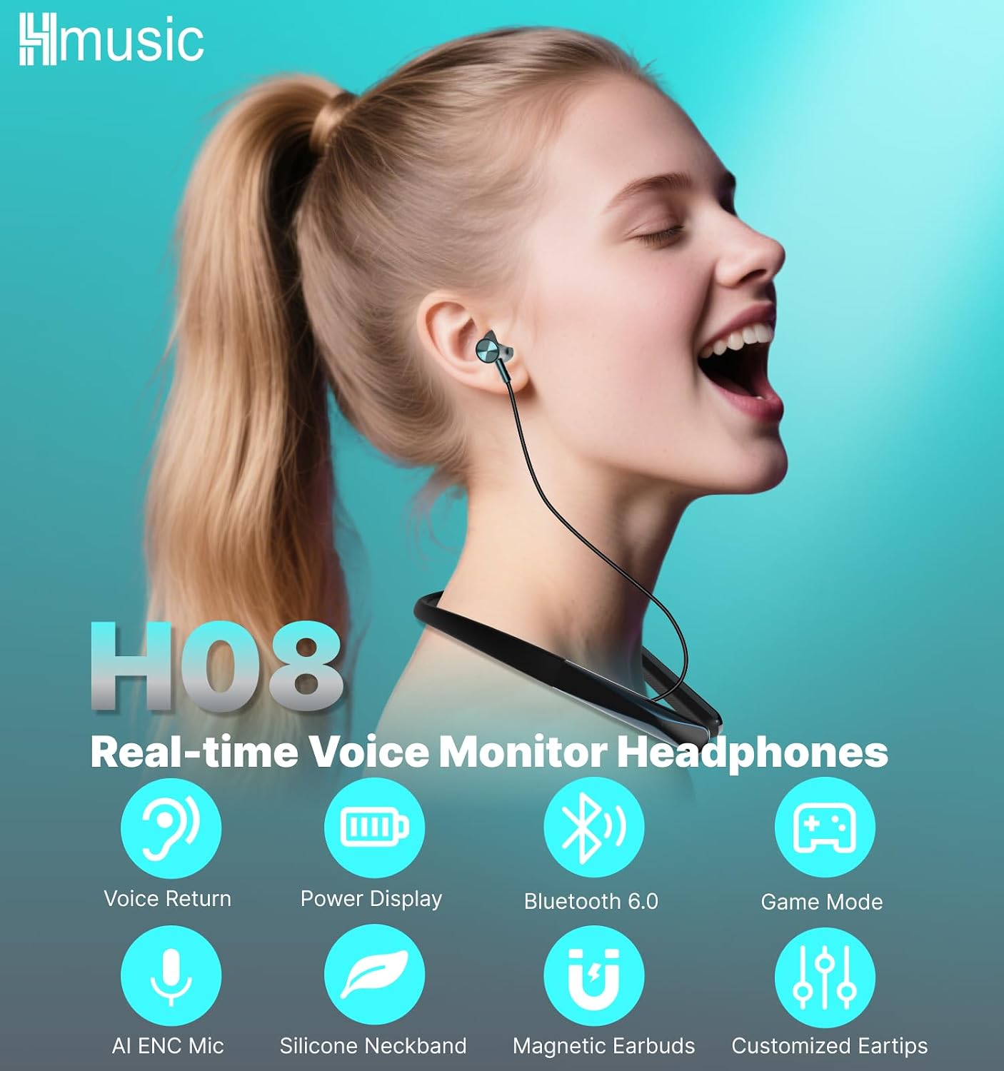 Detalle 2 de Hmusic H08 Neckband Headphones Bluetooth 6.0