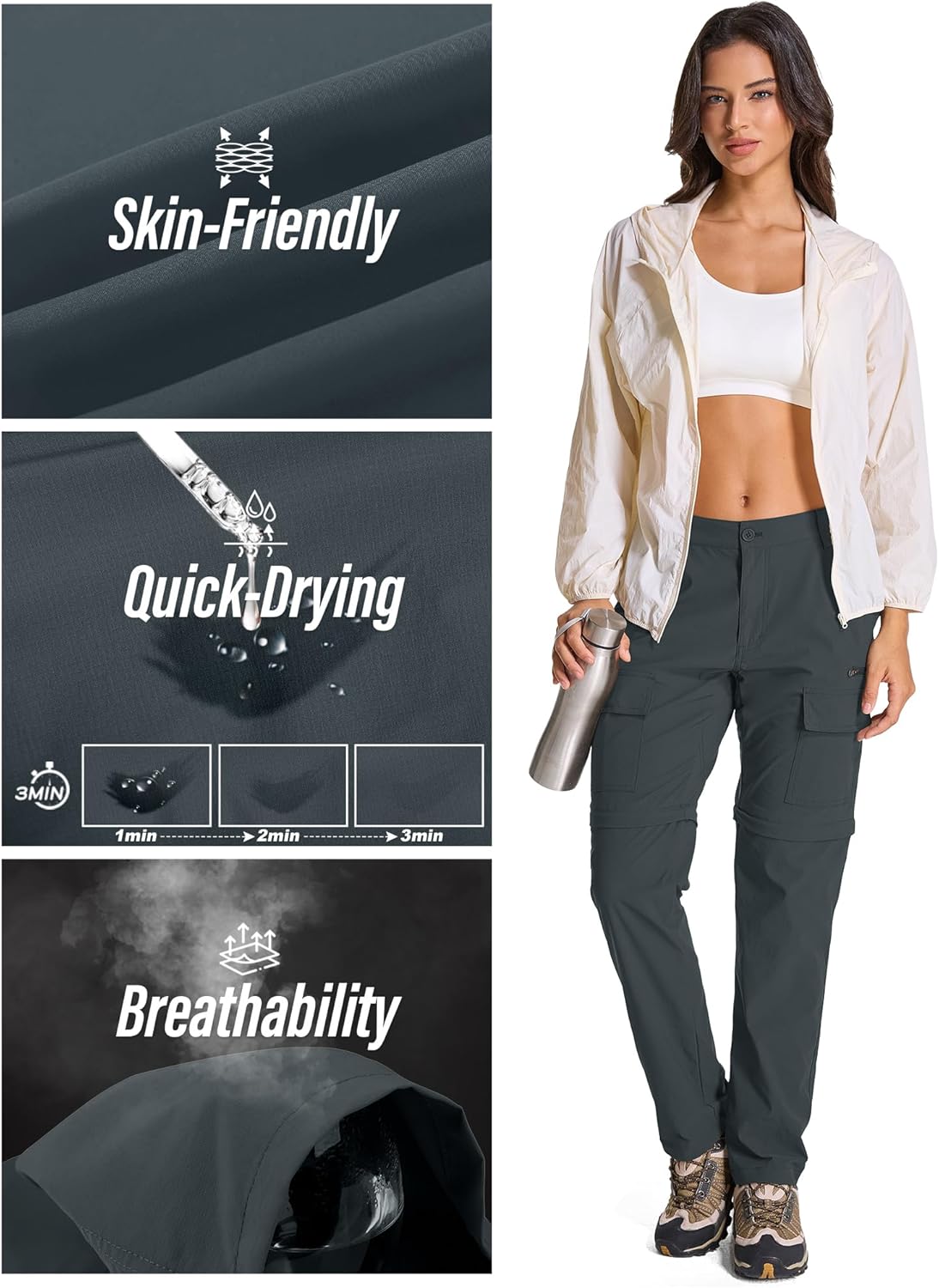 Detalle de Womens Convertible Quick-Dry Hiking Pants with Zip-Off Legs and Cargo Pockets
