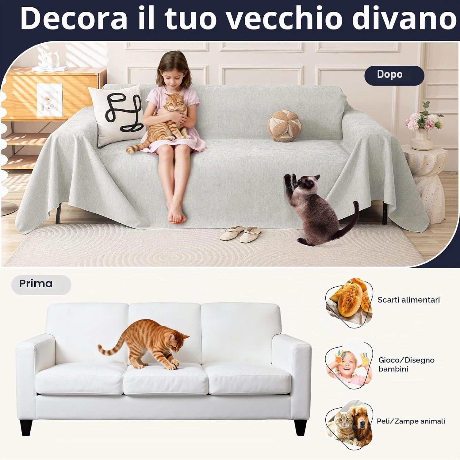 Thumbnail 3 de Royhom Telo Copridivano 4 Posti Impermeabile Antigraffio Grigio Chiaro 180x380 cm