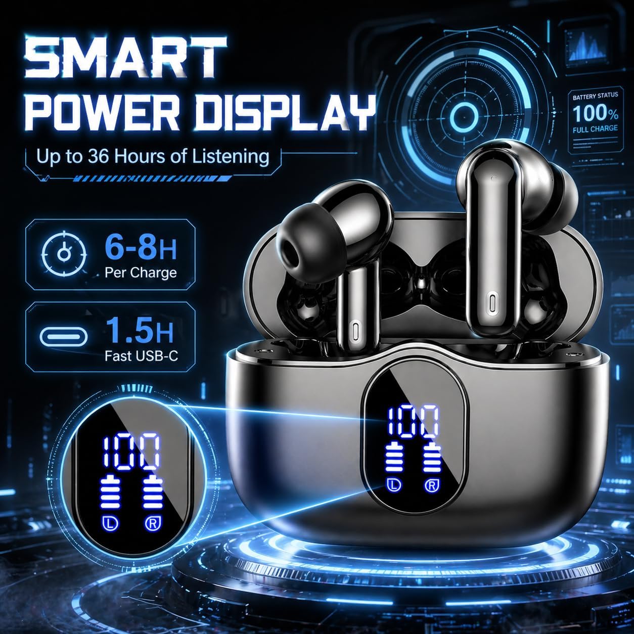 Detalle de Wireless Earbuds (Bluetooth 5.4) with 4 ENC Mic, 36H Playtime, Noise Cancelling In-Ear & IP7 Waterproof