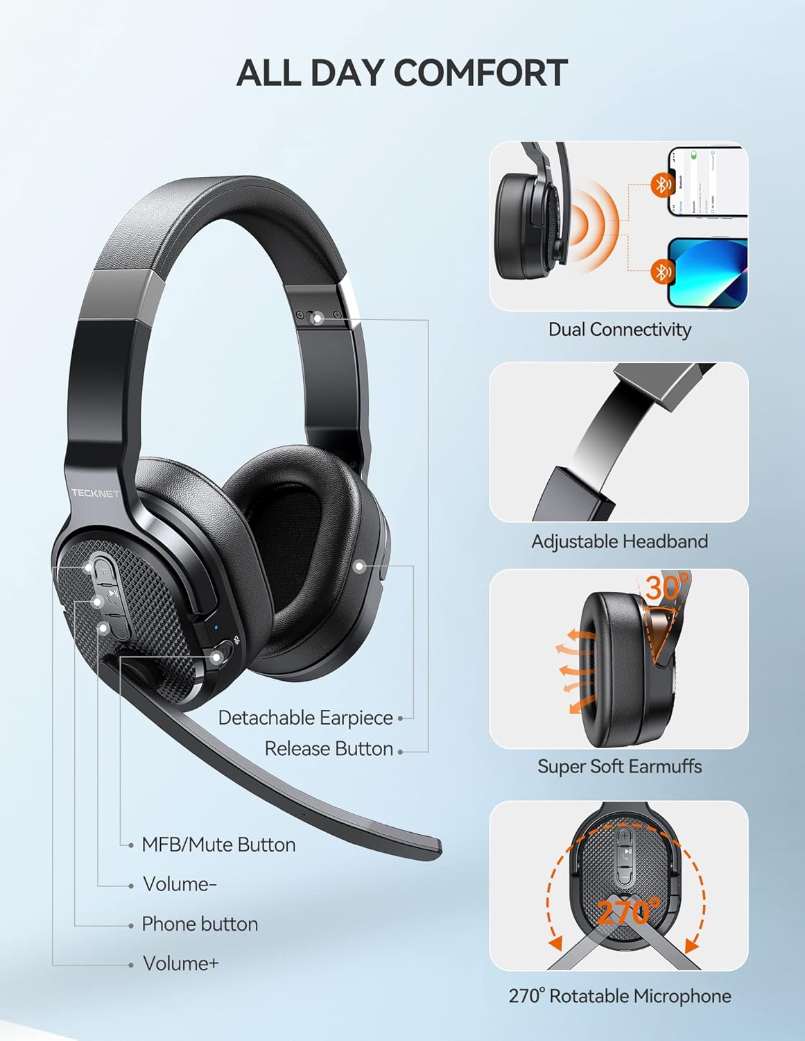 Detalle de TECKNET Bluetooth Headset with Microphone – 2-in-1 Wireless Headset for Office and Calls