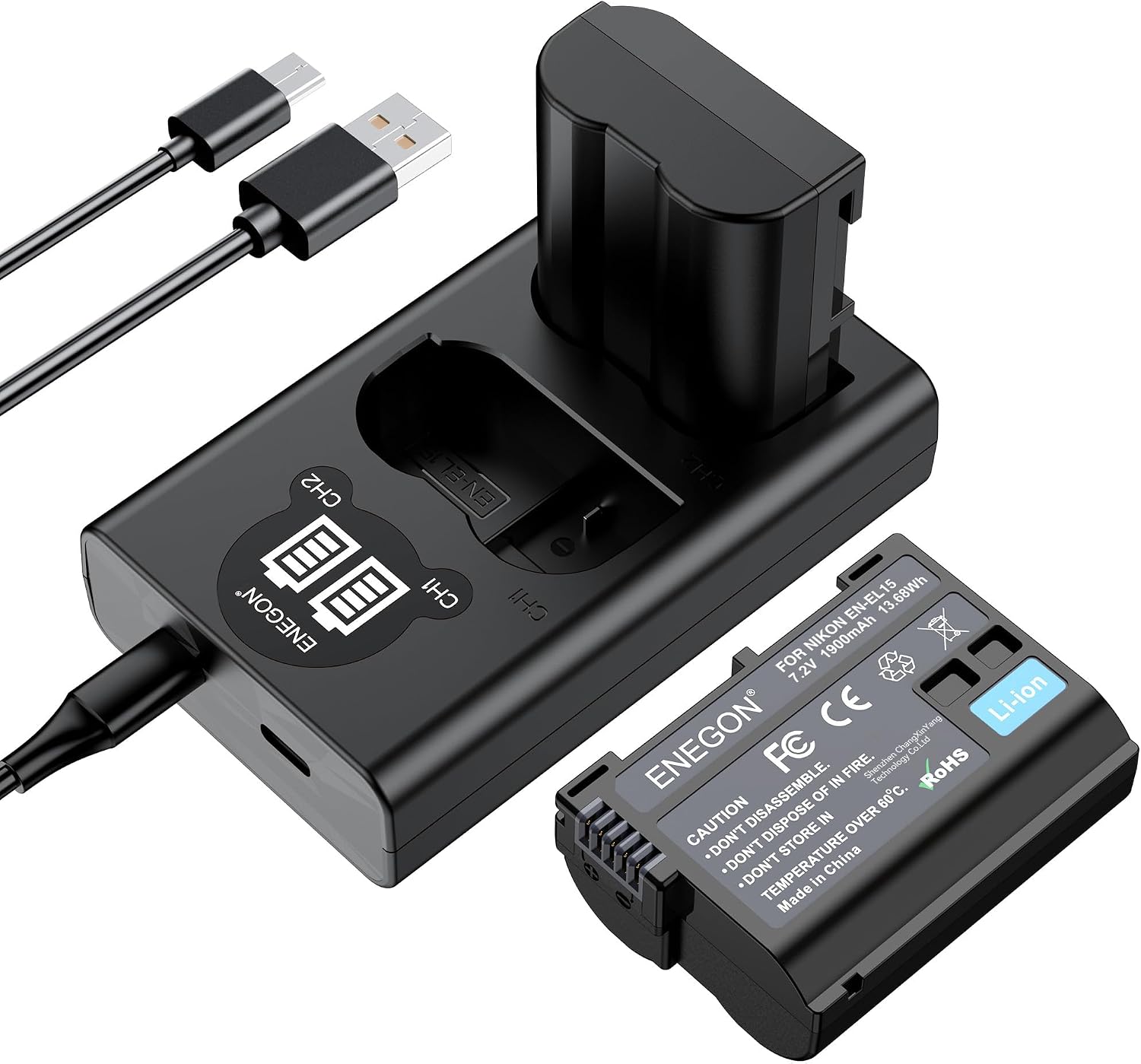 Detalle de ENEGON EN-EL15/EL15C sostitutiva (2 pezzi) + caricabatterie Dual USB intelligente per Nikon Z/FX